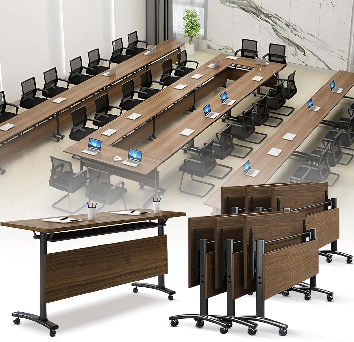 Folding Conference Room Table, Modern Conference Tables with Wheels, Large Rectangular Mobile Training Tables for Office Classroom, Foldable Modular Boardroom Seminar Table Walnut (6pack L55.1in)