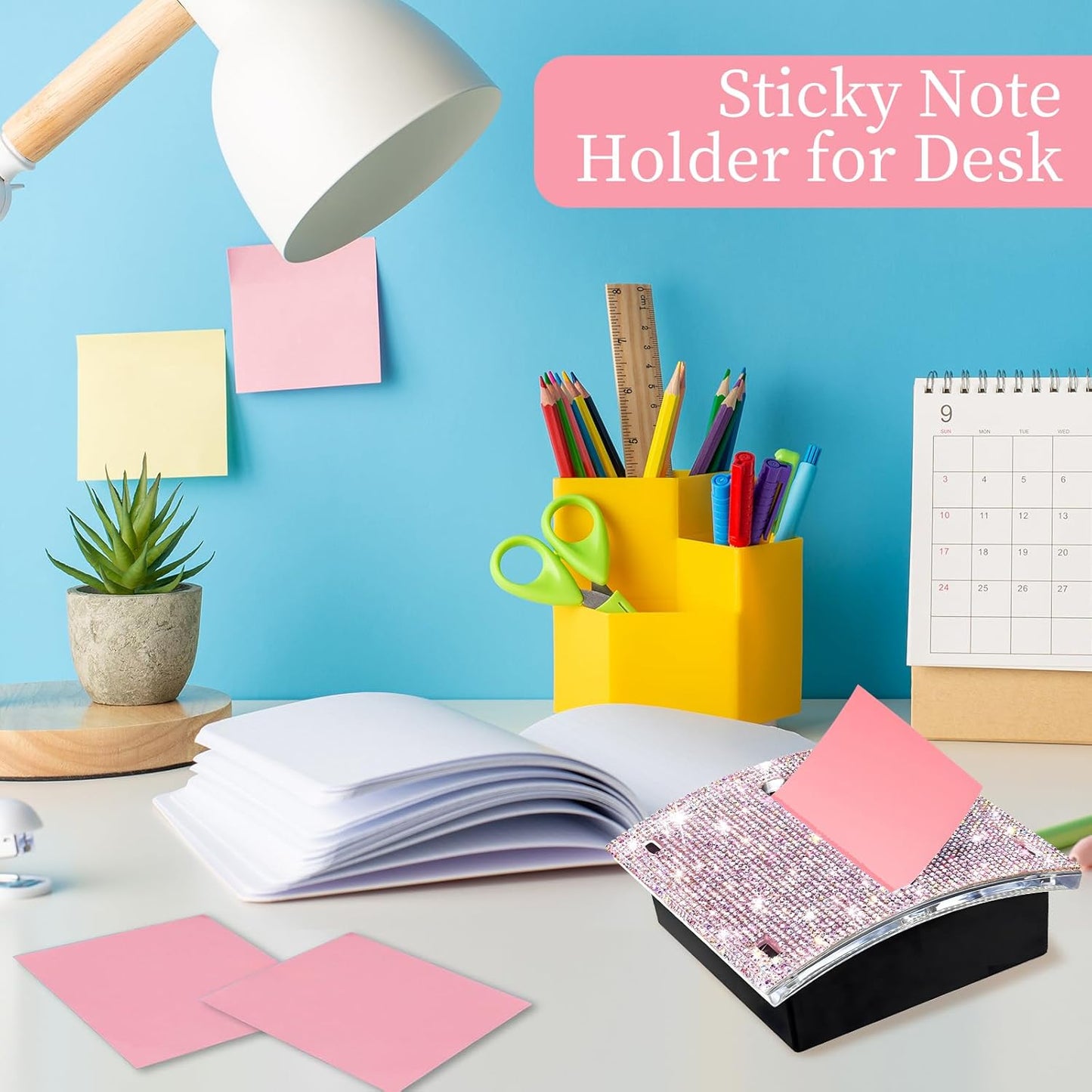 Rhinestone Self Sticky Note Holder Post it Note Dispenser Pop-Up Sticky Notes Dispenser 3 x 3 inch Post it Dispenser for Office Desk Accessories(Pink)