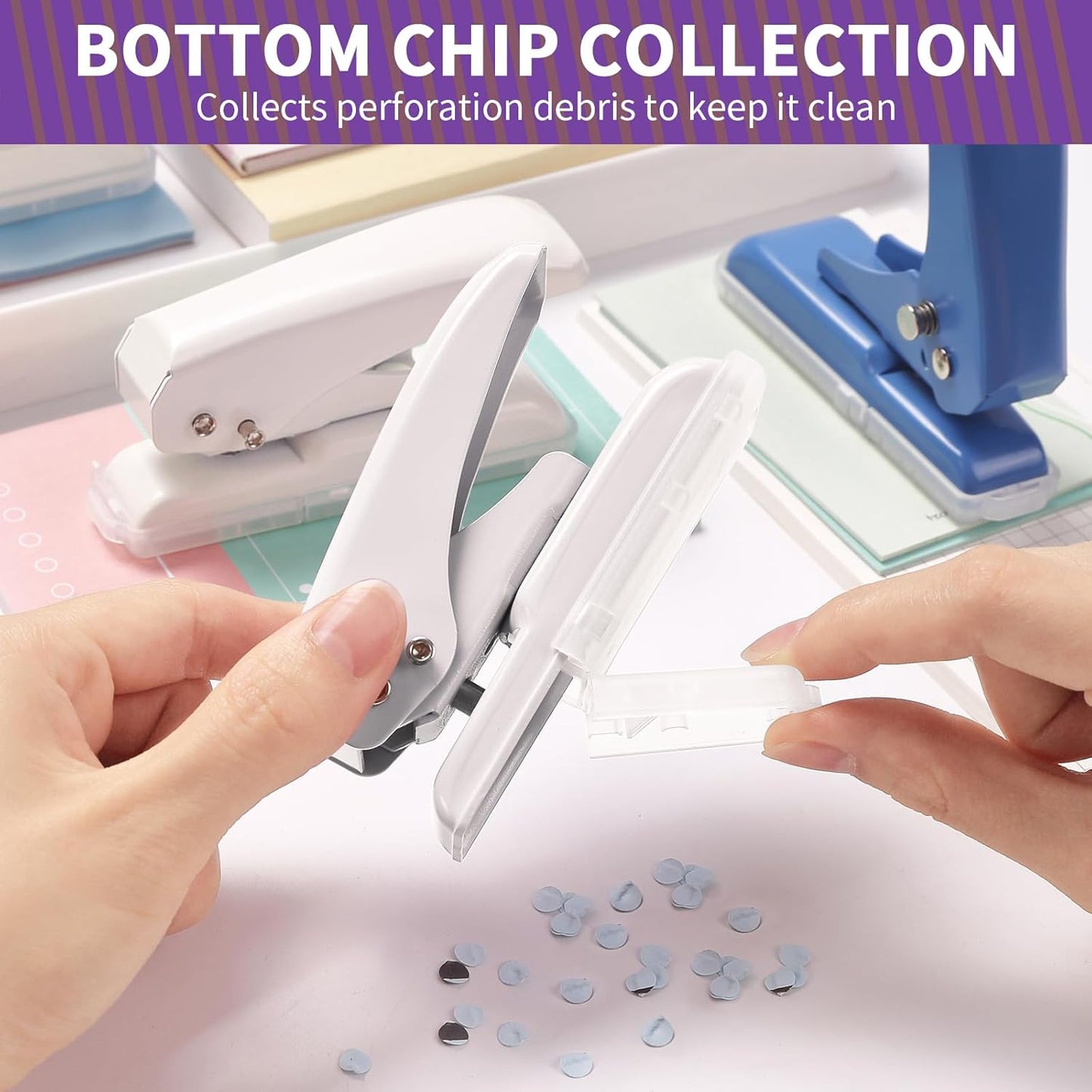 Single Hole Punch, 40 Sheets Punch Capacity, Kaluofan Hole Puncher Single, Small Hole Punch with Non-Slip Removable Base, One Hole Puncher for Crafts, Scrapbooks, Paper, Chipboard (Bule)