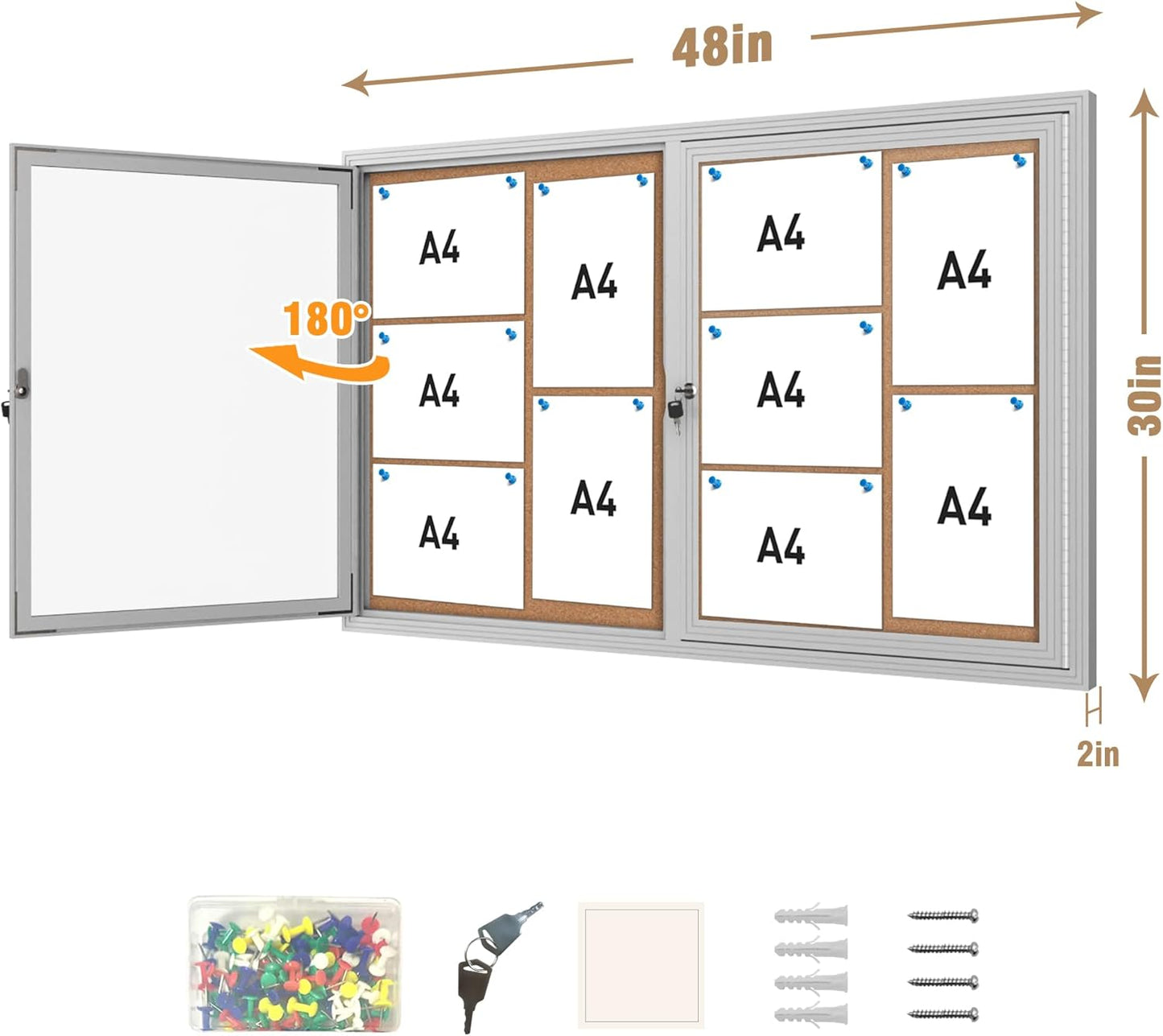 48"x30" Enclosed Bulletin Board, Outdoor Lockable Weather-Resistant Aluminum Cork Noticeboard for School & Office, Silver Frame w/Cork