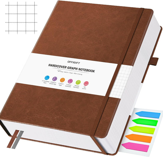 Graph Paper Notebook, 312 Numbered Pages Large A5 Hardcover Leather Journal, 100gsm No Bleed Grid Paper Notebook with Index Pages, Grid Notebook for Graphing Notes Math, 5.75" x 8.38", Brown