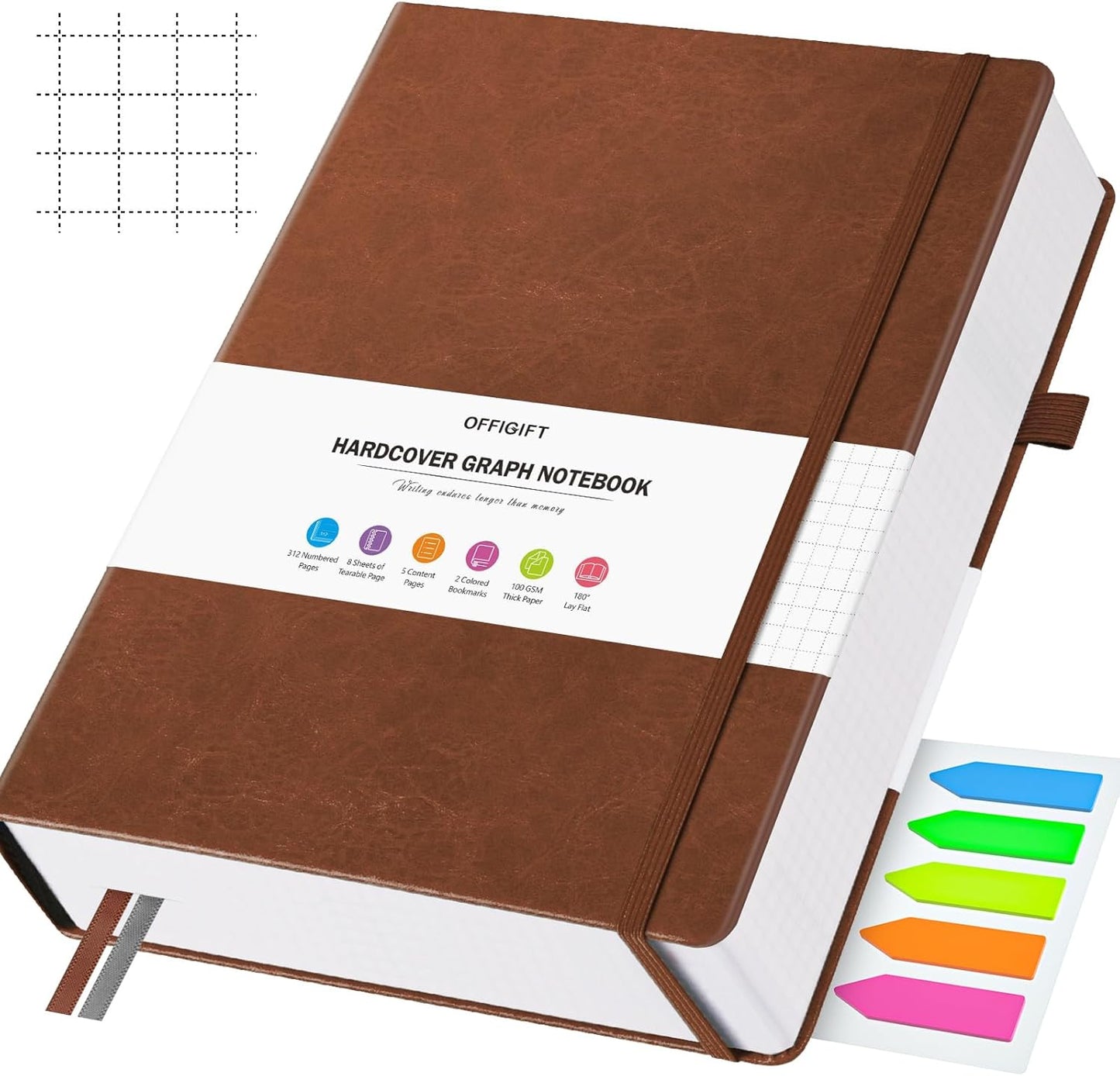 Graph Paper Notebook, 312 Numbered Pages Large A4 Hardcover Leather Journal, 100gsm No Bleed Grid Paper Notebook with Index Pages, Squared Grid Notebook for Graphing Notes Math, 8.5'' × 11'', Brown