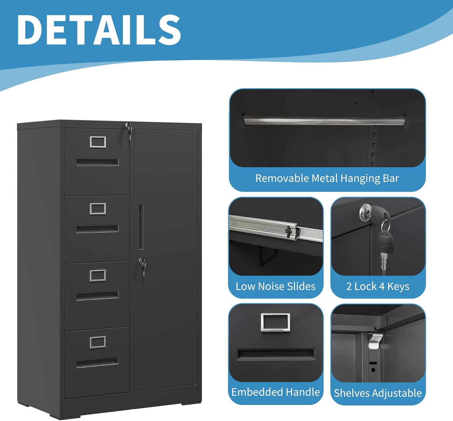 Filing Cabinets with Locks, 4 Drawers Cabinets Storage Units for Home Office, Black File Cabinet for Hanging File Folders Letter/Legal/A4/F4 Size (Easy Assemble)