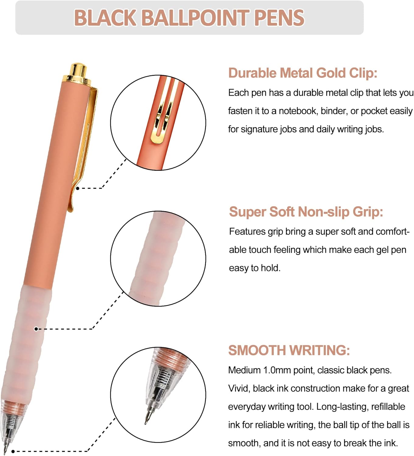 Linbsunne Ballpoint Pens Medium Point 1mm Black Ink Work Pen with Super Soft Grip Ball Point Pen for Men Women Retractable Office Pens (Gold Clip-12 count)