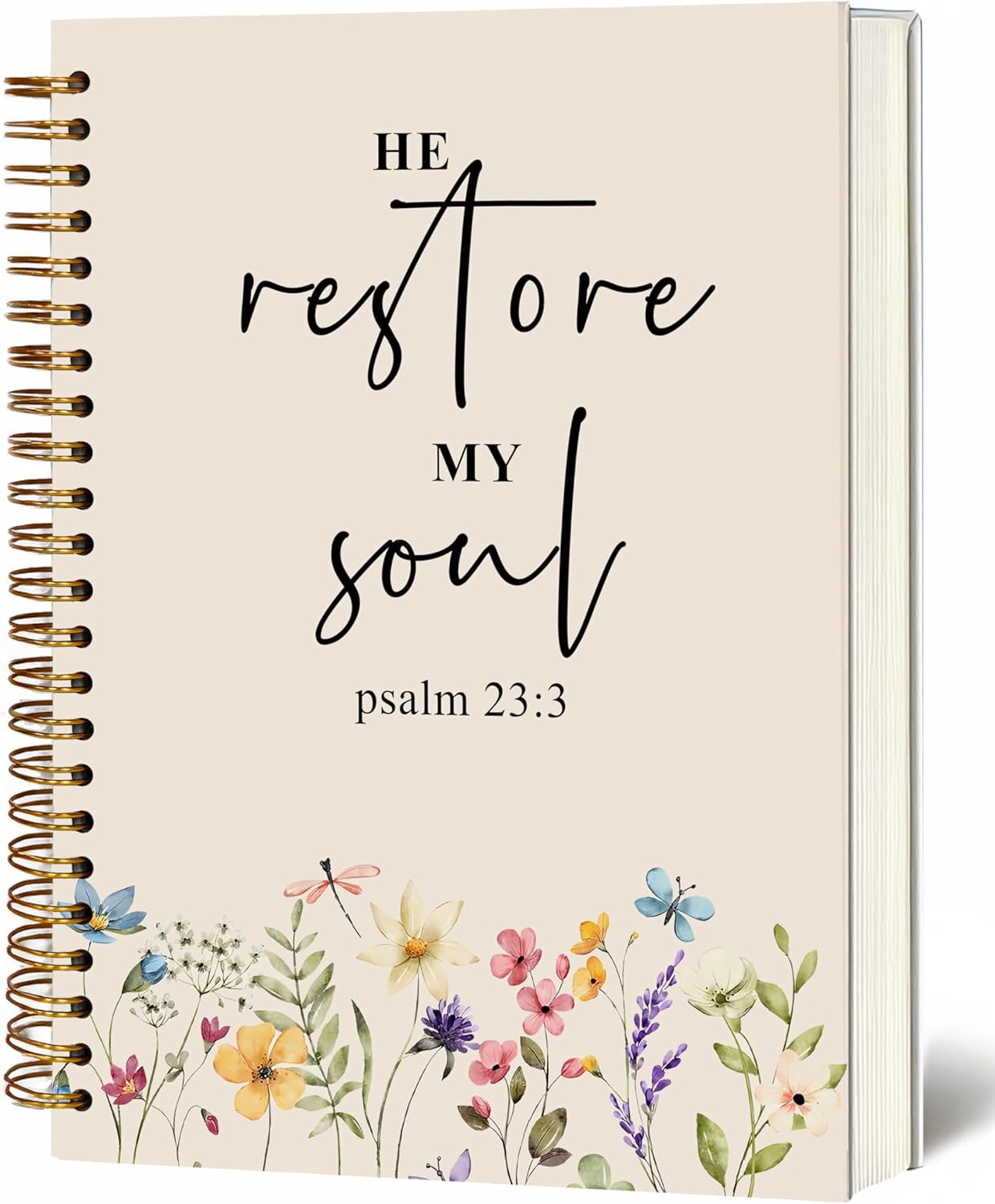Bible Notebook, A5 Spiral Christian Journal with Floral Pink Butterfly Notebook, Bible Verse-He Restores My Soul, Inspirational Notebooks for Women, Bible Study, Gift for Birthday Christmas
