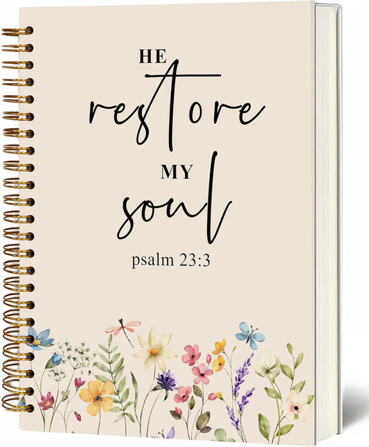 Bible Notebook, A5 Spiral Christian Journal with Floral Pink Butterfly Notebook, Bible Verse-He Restores My Soul, Inspirational Notebooks for Women, Bible Study, Gift for Birthday Christmas