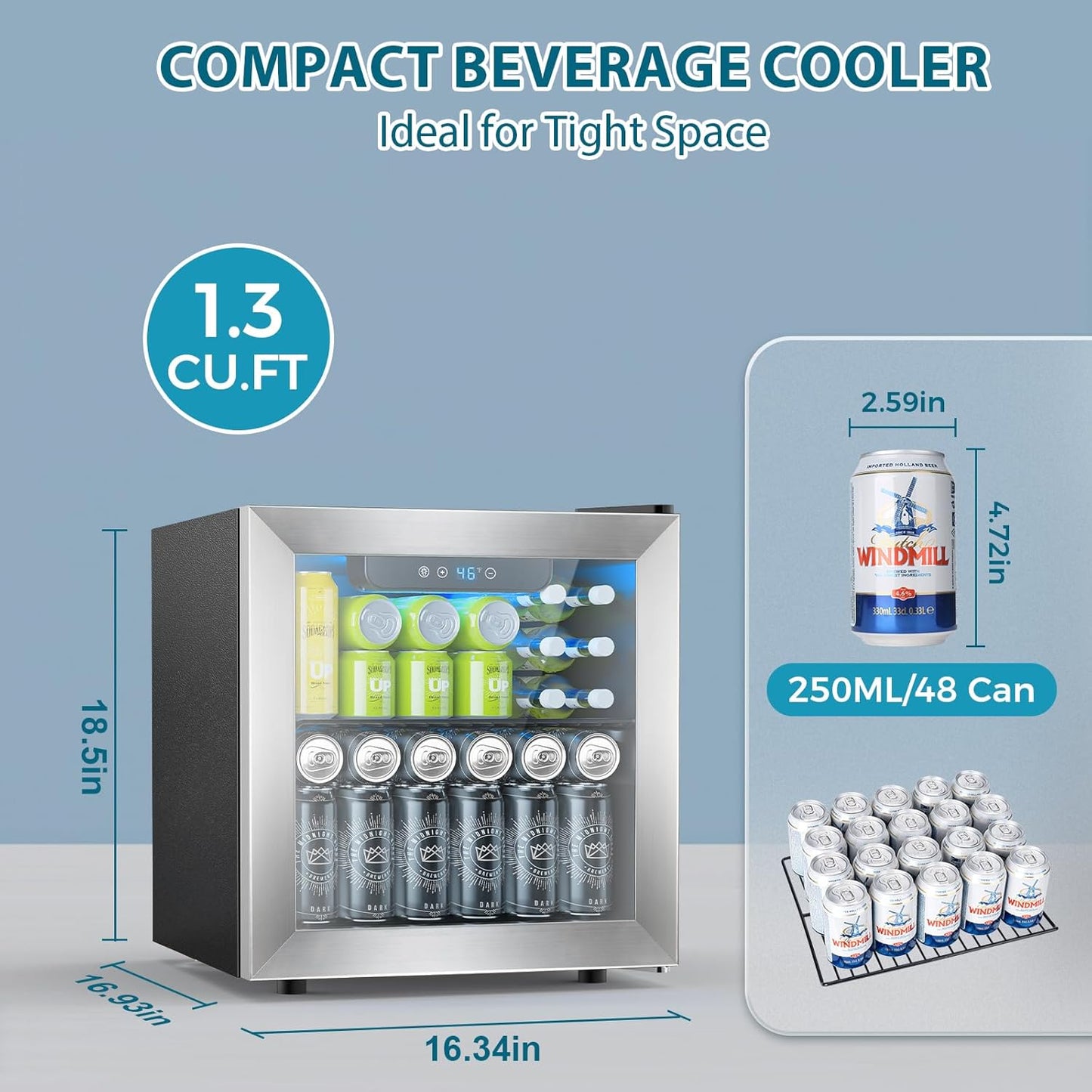 48 Can Beverage Refrigerator,12 Bottle Wine Cooler with Stainless Steel Glass Door, Digital Temperature Display, Countertop Mini Fridge for Soda, Wine or Beer, Silver