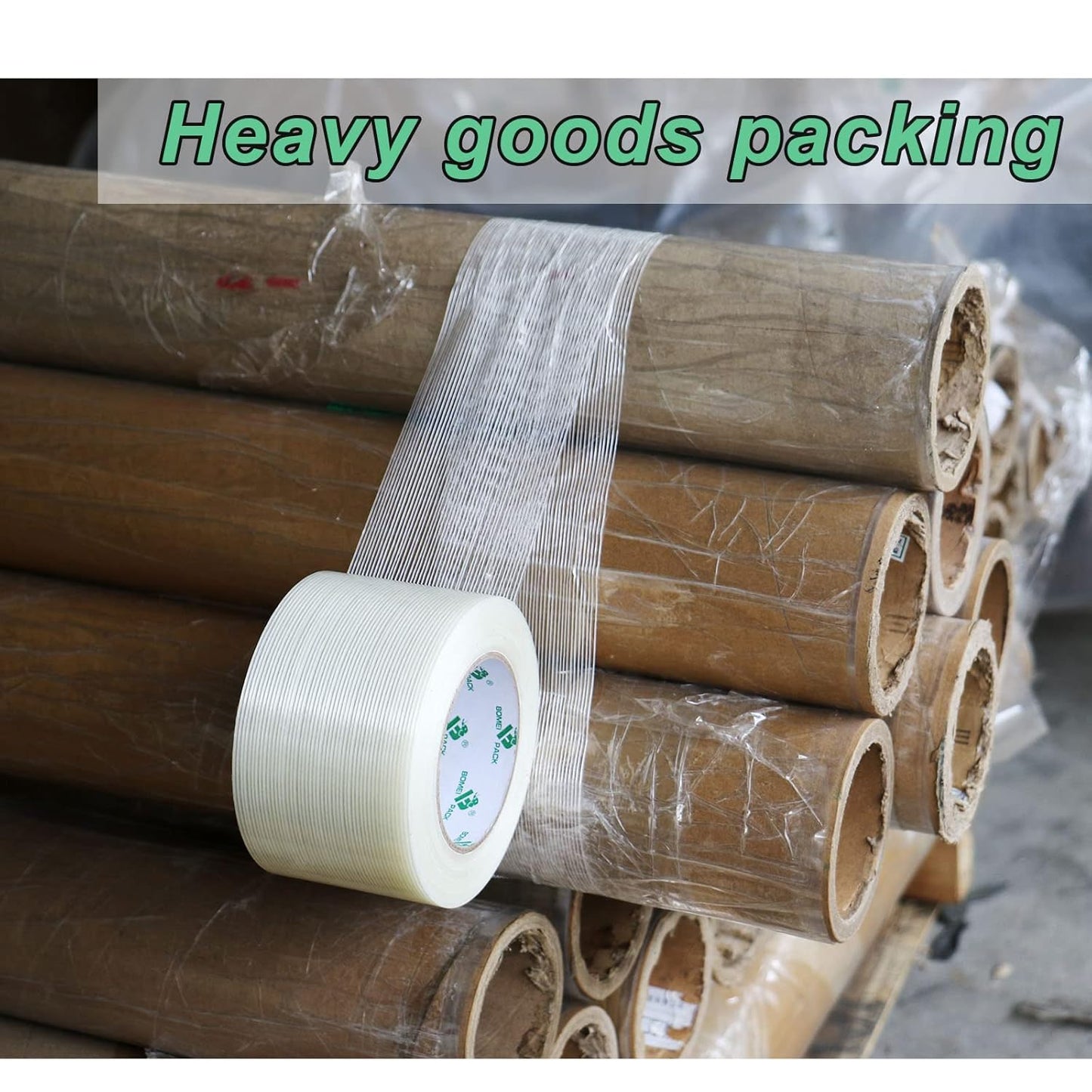 BOMEI PACK Fiber Reinforced Packing Tape 3 Inch, Heavy Duty Wide Strapping Tape, 4Rolls x 5.9Mil x 60Yds, Total 240Yds