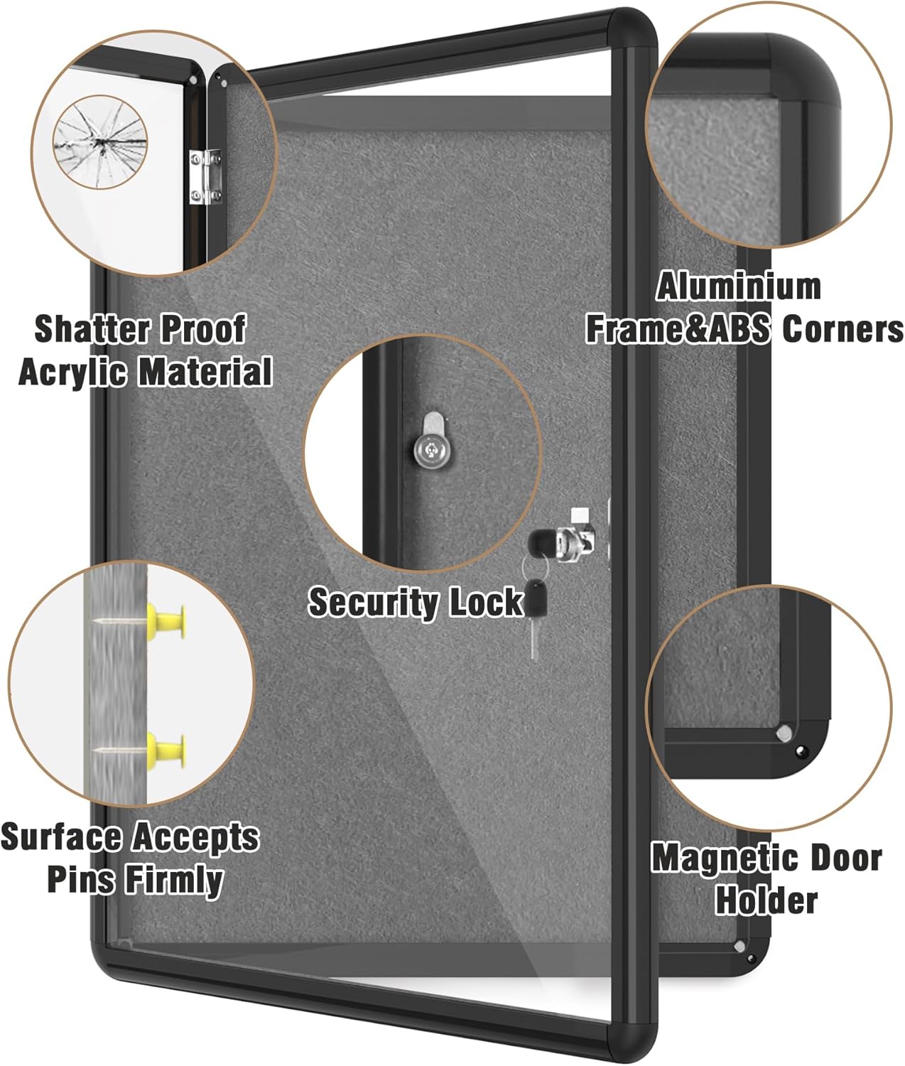 26"x20" Enclosed Bulletin Board, Lockable Weather-Resistant Aluminum Cork Noticeboard for School & Office, Black Frame w/Grey Flet