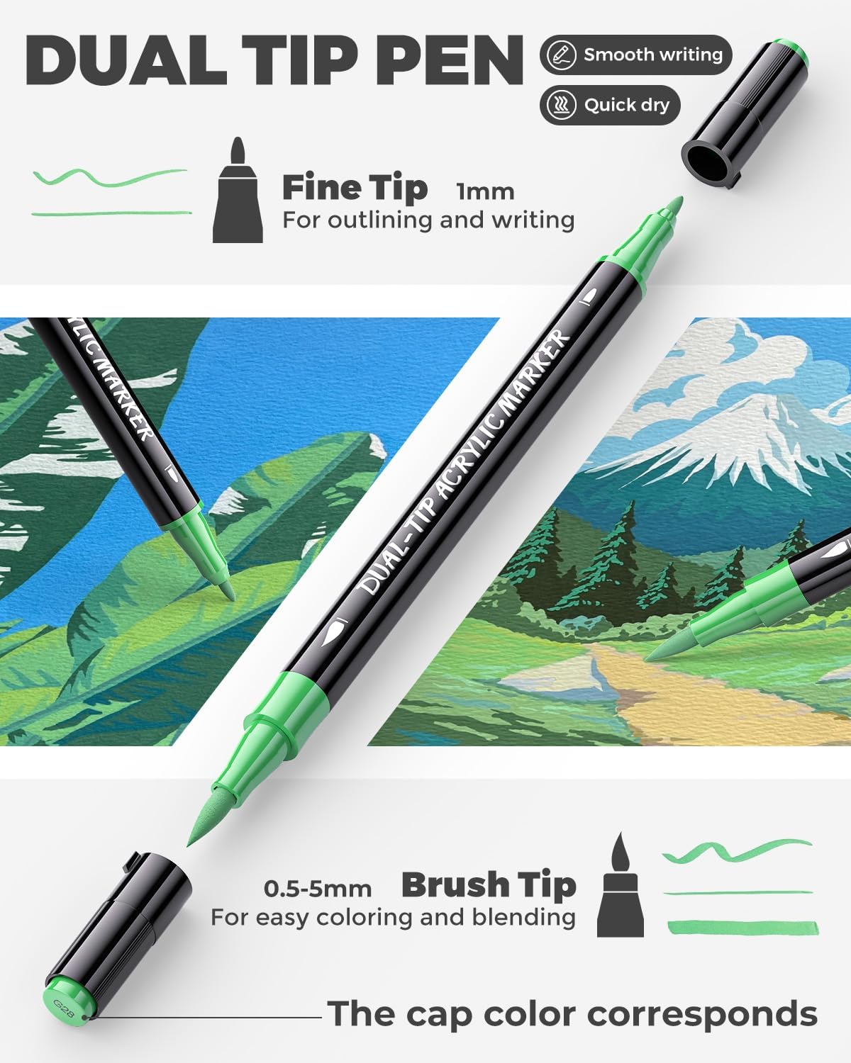 JusArt 36 Colors Acrylic Paint Markers Set With Bag, Dual Tip with Brush Tip and Fine Tip Paint Pens for Rock Painting, Wood, Egg, Canvas, Glass, Stone, Ceramic, DIY Crafts Professional Art Supplies