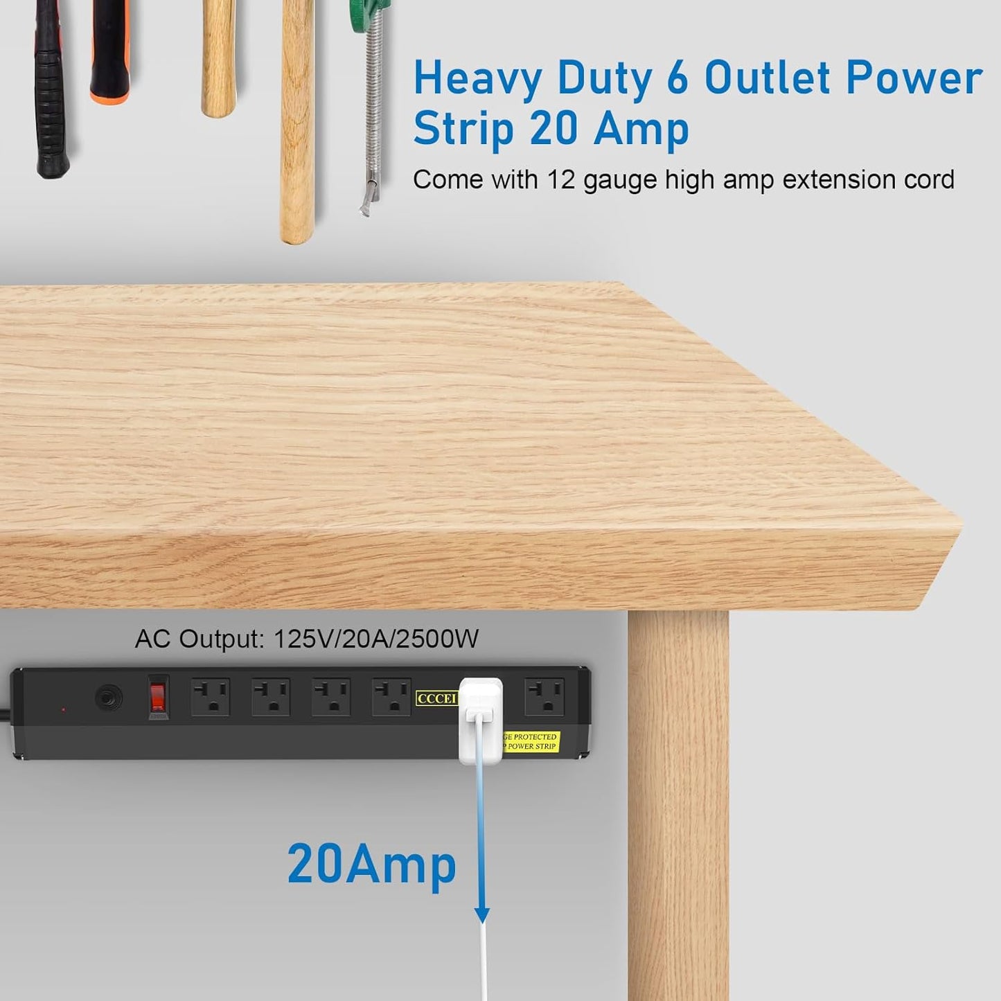 CCCEI Heavy Duty Power Strip Surge Protector 20 Amp, High Amp Industrial Shop Garage Metal Multiple Outlets, 12 FT 12 Gauge 5-15P Extension Cord 6 Outlet 6-20R T-Slot 20a for Appliance, Black.