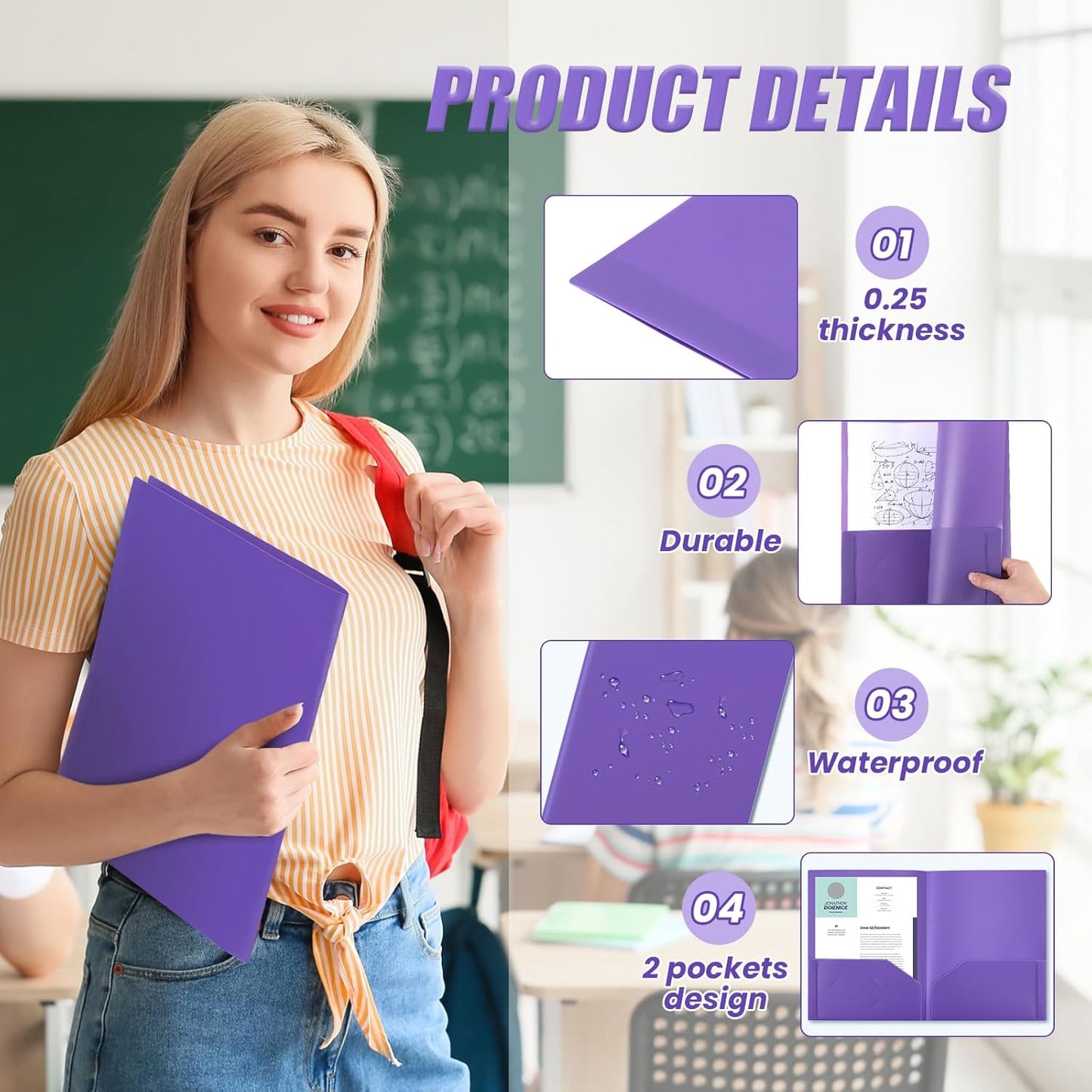 Gueevin 300 Pcs Plastic Folders with Pockets, Two Pocket Folder Fit 8.5 x 11 Inch Letter Size Paper, Heavy Duty School Folders Business Card Holder for Home Office School Bussiness (Purple)