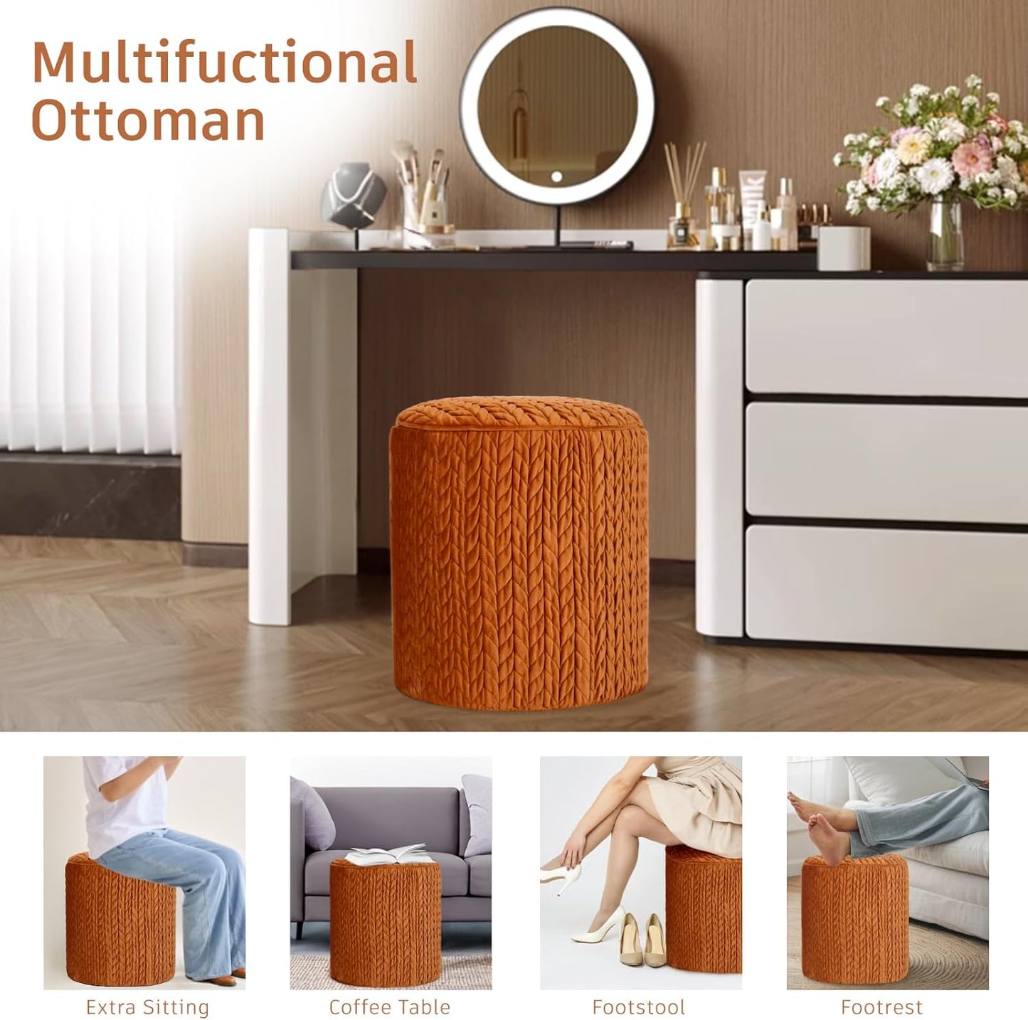 Modern Round Ottoman 2Pcs, Braided-Tufted Foot Stool Ottoman, Velvet Upholstered Vanity Stool for Makeup, Bedroom, Living Room, Dark Orange