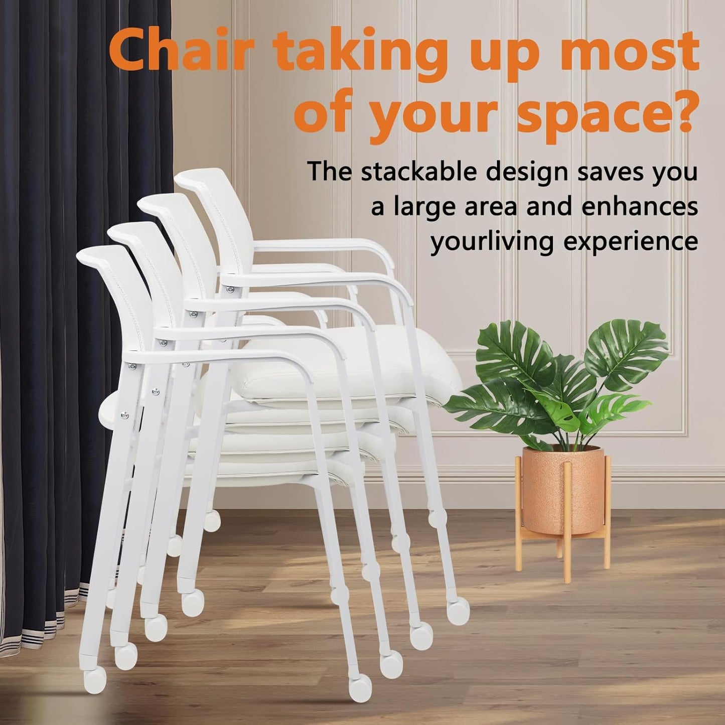 CLATINA Stacking Office Chairs with Wheels | Mesh Back, Thicken Leather Seat and Streamline Armrests, Ergonomic Lumber Support | School, Desk, Guest Reception, Waiting, Conference, White