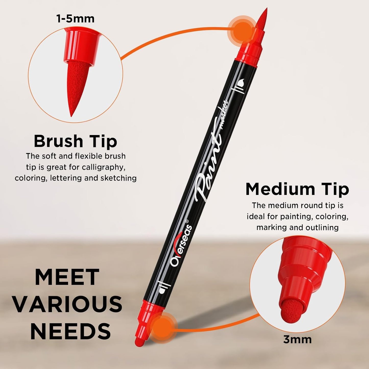 Overseas White Acrylic Paint Markers, 2 Pack Dual Tip Paint Pens Acrylic Markers with Dot and Brush Tip, Coloring Marker for Wood, Rock, Canvas, Glass, Metal, Ceramic, Plastic, Fabric, School Supplies