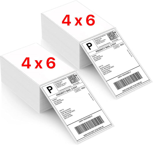 Fanfold 4 x 6 inch Thermal Labels Stack Direct White Strong Adhesive Perforated Postage Shipping Printer Compatible with Zebra SNBC Epson Rollo (1000, Fanfold)