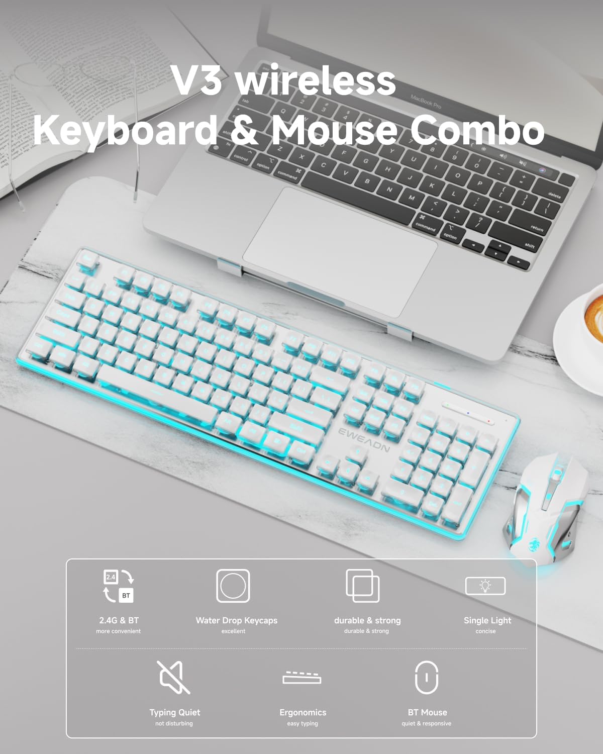 EWEADN V3 Wireless Keyboard and Mouse with Blue Backlit, Metal Panel, Bluetooth/2.4G Rechargeable Computer Keyboard and Mouse Combo Silent Lighted Full Size Cute Keyboards-White