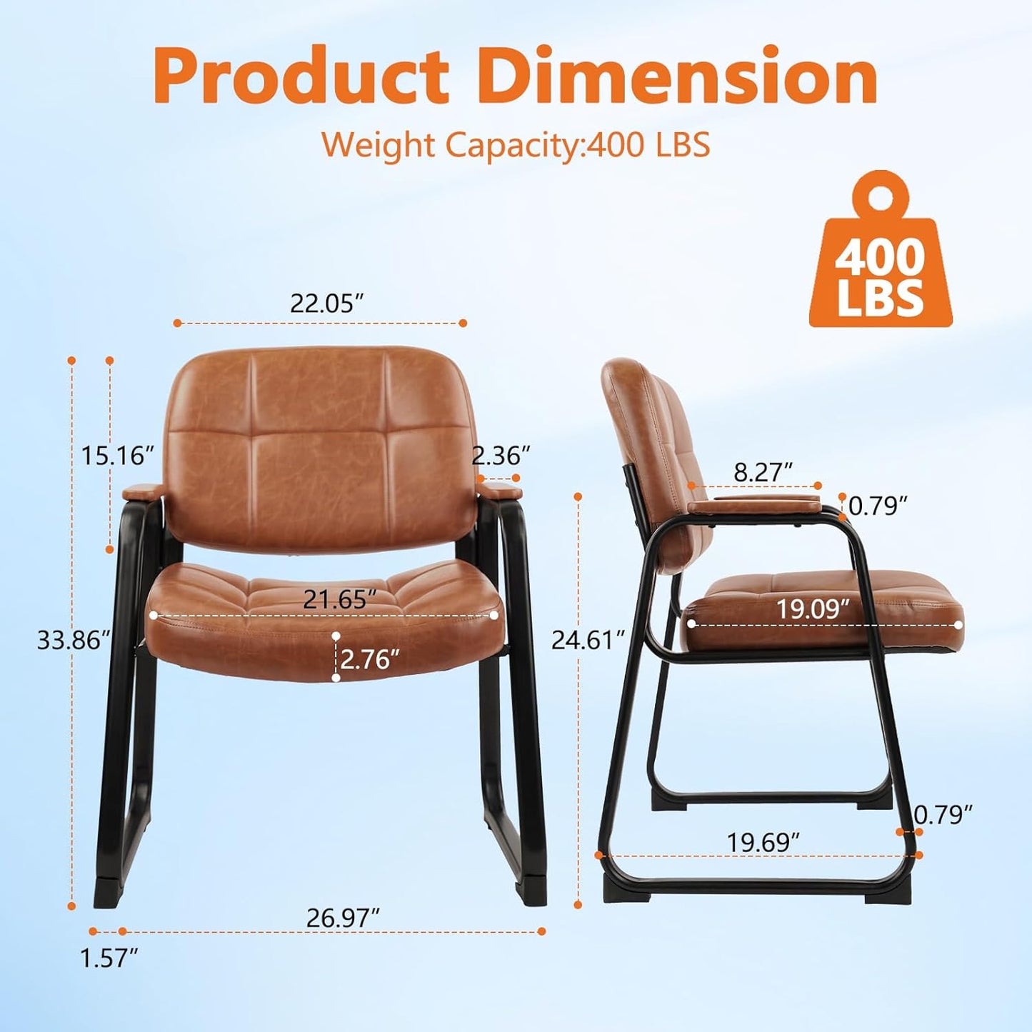 CLATINA Big & Tall 500 lbs Waiting Room Chairs with Padded Armrests and Sled Base, Leather Stationary No Wheels Office Guest Chair for Reception Lobby Home and Meeting Conference, Brown (8 Pack)