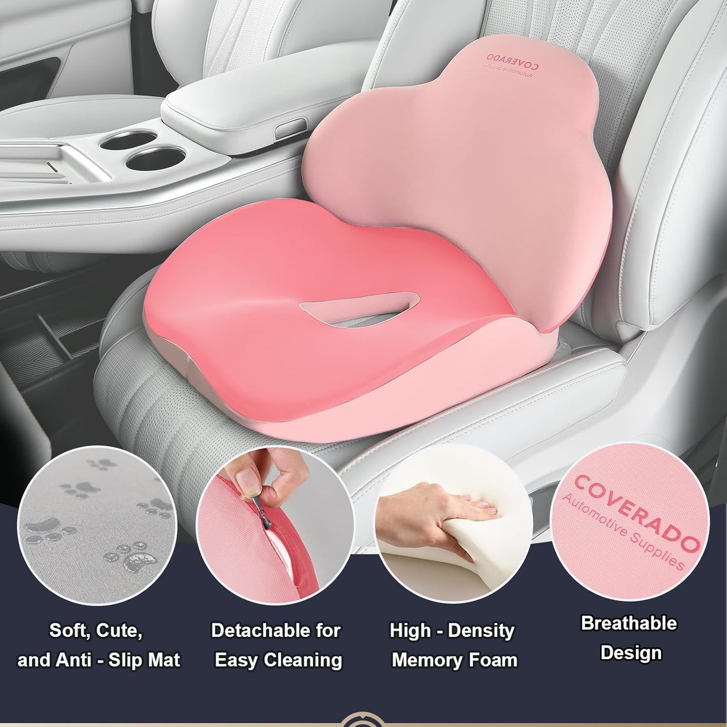 Coverado Seat Cushion and Lumbar Support Pillow for Car Office Chair, Ergonomic Memory Foam Desk Chair Cushion Back Support Pillow, Sciatica & Back & Tailbone Pain Relief Cushion-Pink