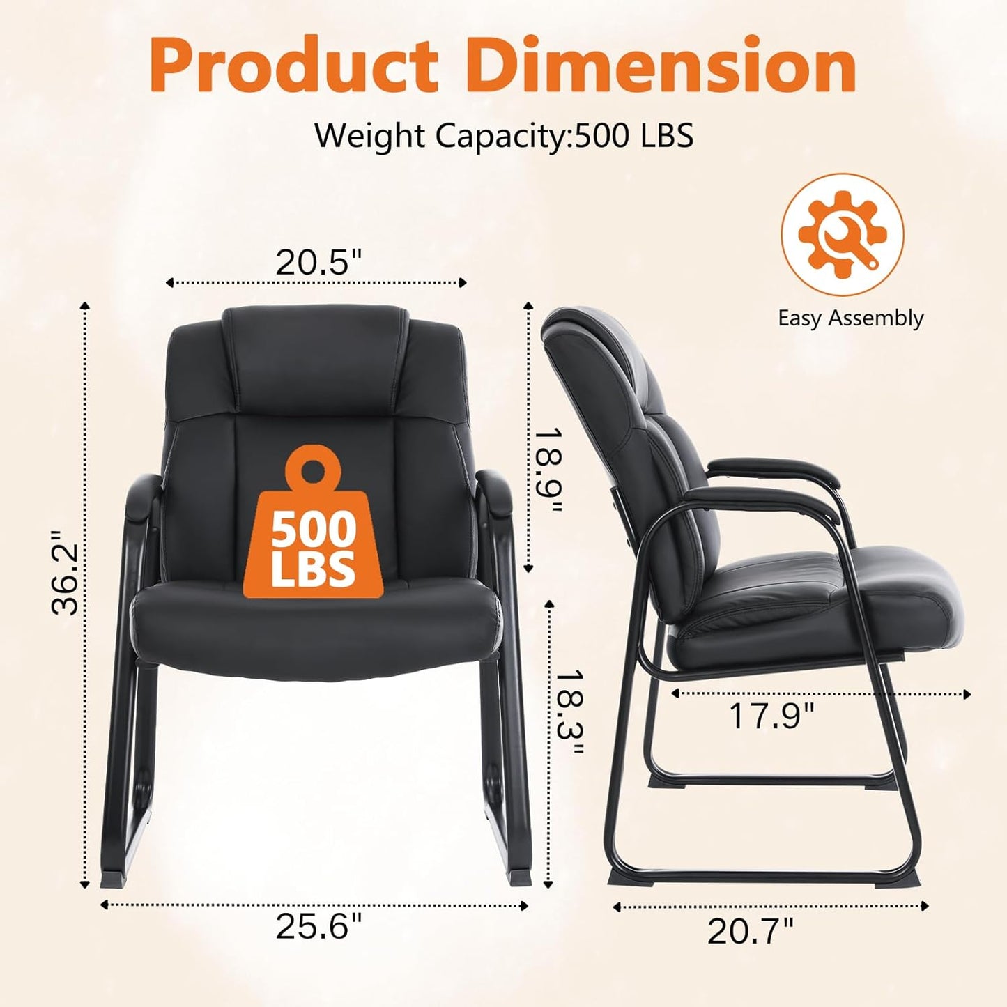 CLATINA Big & Tall 500 lb. Guest Chair, Leather Reception Chairs with Sled Base and Padded Arm Rest for Waiting Room Office Home and Meeting Conference-Black (2 Pack)