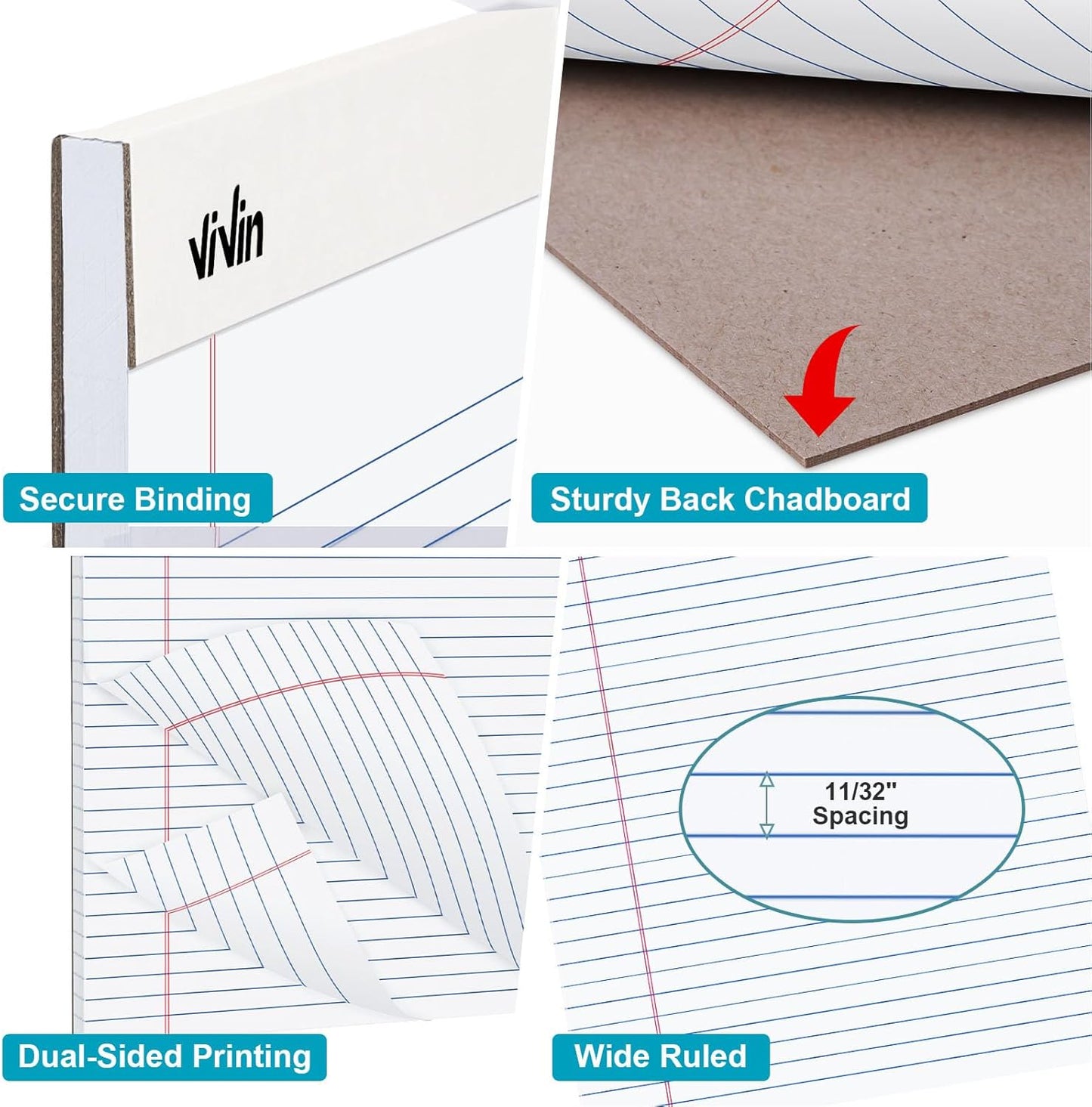 ViVin Legal Pads 8.5 x 11 Inch, Wide Ruled Note Pads, 6 Pack, 50 Sheet/Pad, Perforated Writing Pads, Notepads for Office Home School, 300 Sheets, White Paper
