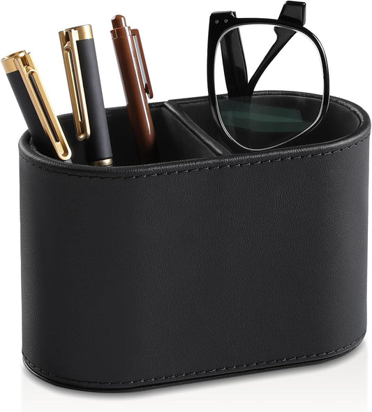 PU Leather Pen Holder for Desk, Small Remote Control Holder Pencil Cup Multifunctional Desktop Organizer Caddy for Home School Office Desk Accessories - 2 Compartments (Black)