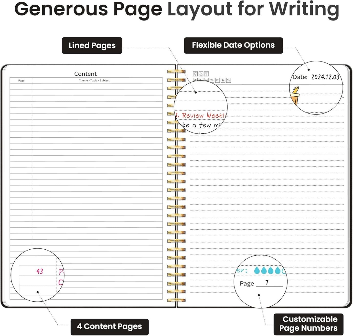 Taja Spiral Lined Notebook, 8.5"x11" Notebooks for Work, Large A4 Journal for Women & Men, College Ruled Journaling Notebook for Writing, Plastic Cover Spiral Journal, Midnight Bloom