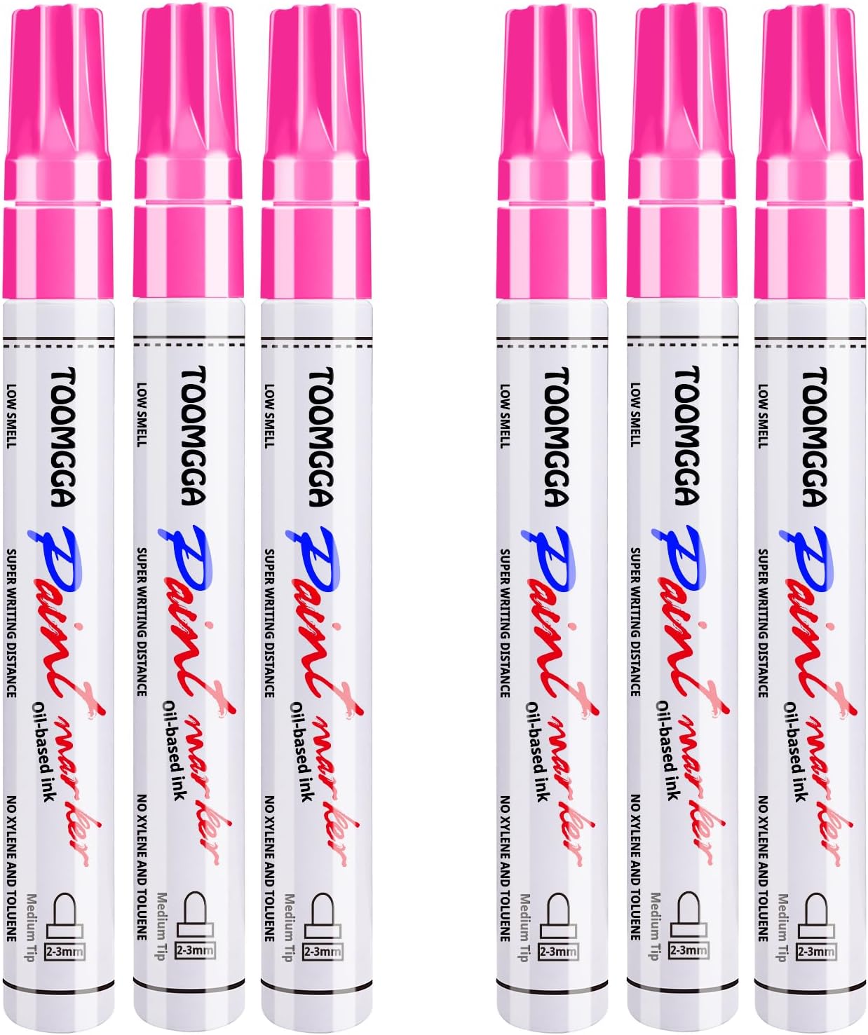 Pink Permanent Paint Pens - 6 Pack Oil Based Paint Markers, Pens For Rock Painting Car Tyre Metal, Plastic, Canvas, Mugs, Wood, Glass, Quick Drying and Waterproof, Medium Point