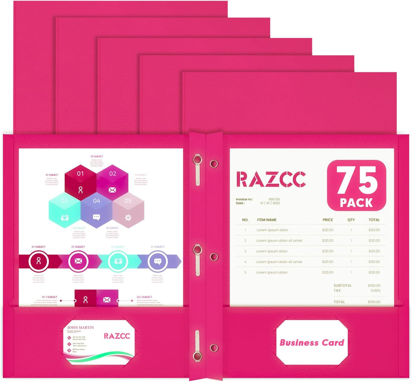 Two Pocket Folders, RAZCC 75 Pack Two Pocket Folders with Prongs, 3 Prong Folders Fit Letter Size Paper, Pocket File Folders for School Office Home Business, Magenta