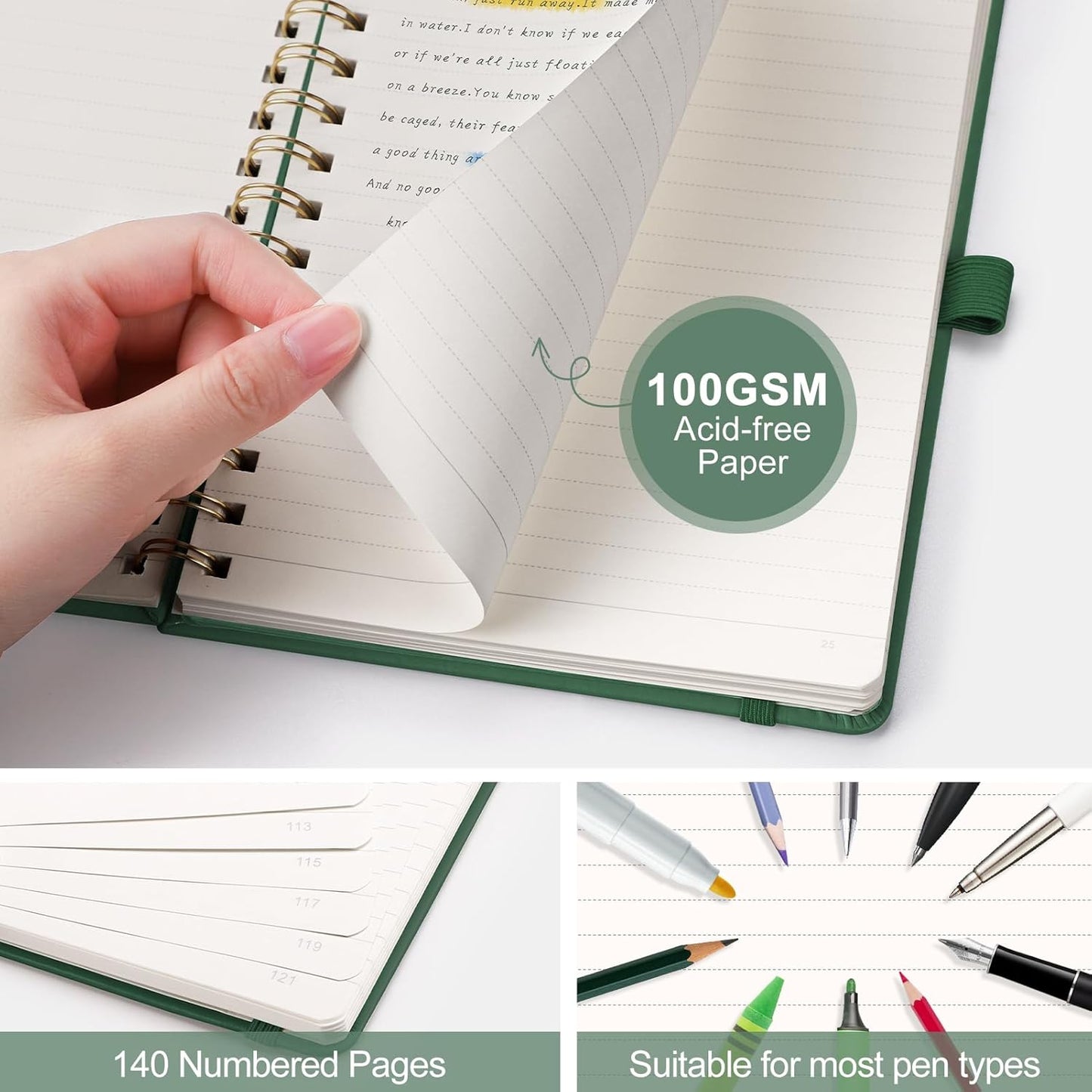 AHGXG Lined Spiral Notebook Journal for Women, 140 Pages Hardcover Leather Notebook College Ruled, A5 5.7" x 8.3", 100 GSM Thick Paper, Notebooks for School Work, Journals for Writing, Green
