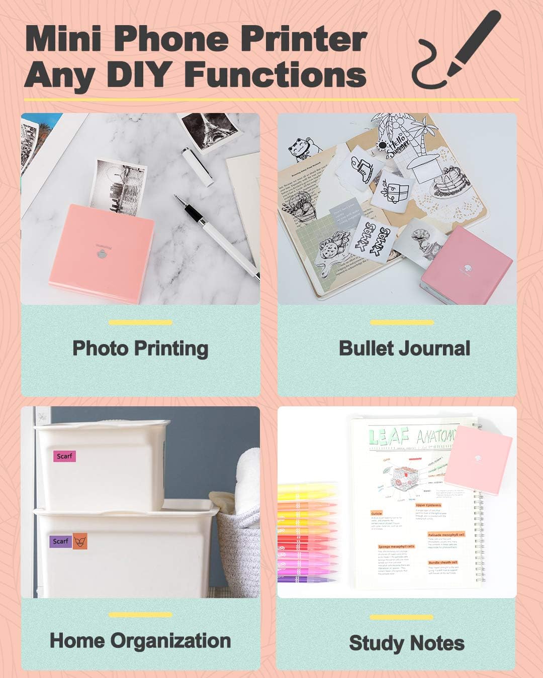 Phomemo Sticker Printer- Mini Thermal Sticker Printer Machine, Small Pocket Label Maker Instant Print for DIY Creation, Study Notes, Photos, Portable Inkless Photo Maker for Kids/Students, Pink