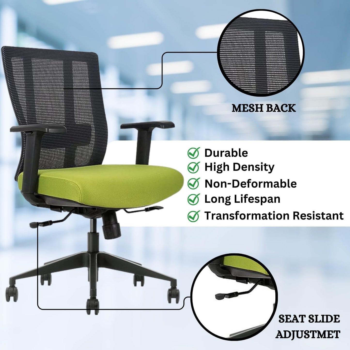 Ergonomic Office Chair - Breathable MESH - Back Adjustable Lumbar Support with 3-D ARMRESTS TILT Function and 360-DEGREE Swivel Wheels Comfortable Wide SEAT - Home Office Chair (Green) (Pack of 1)