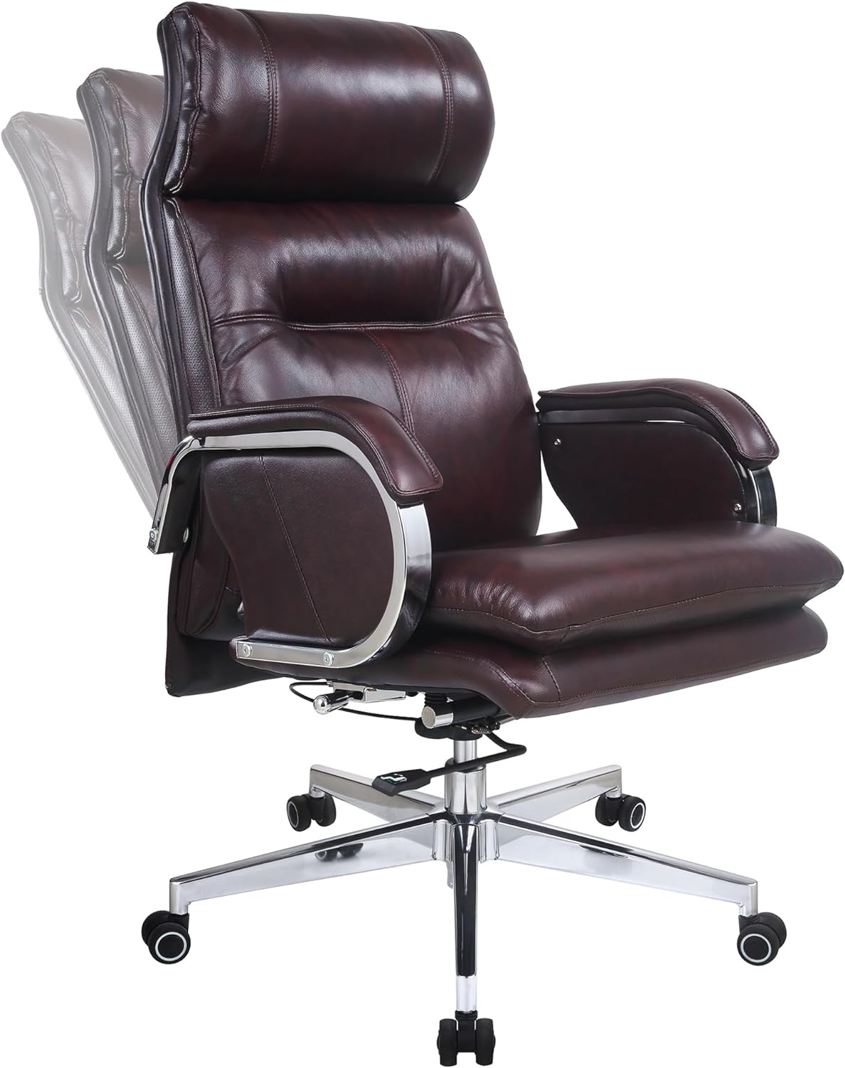 Genuine Leather Modern Executive Chair High-Back Support 90 to 150 Degrees Tilt and Upholstered Home Desk Chair with Base 360LB Capacity Swivel Computer Office Chair (Brown)