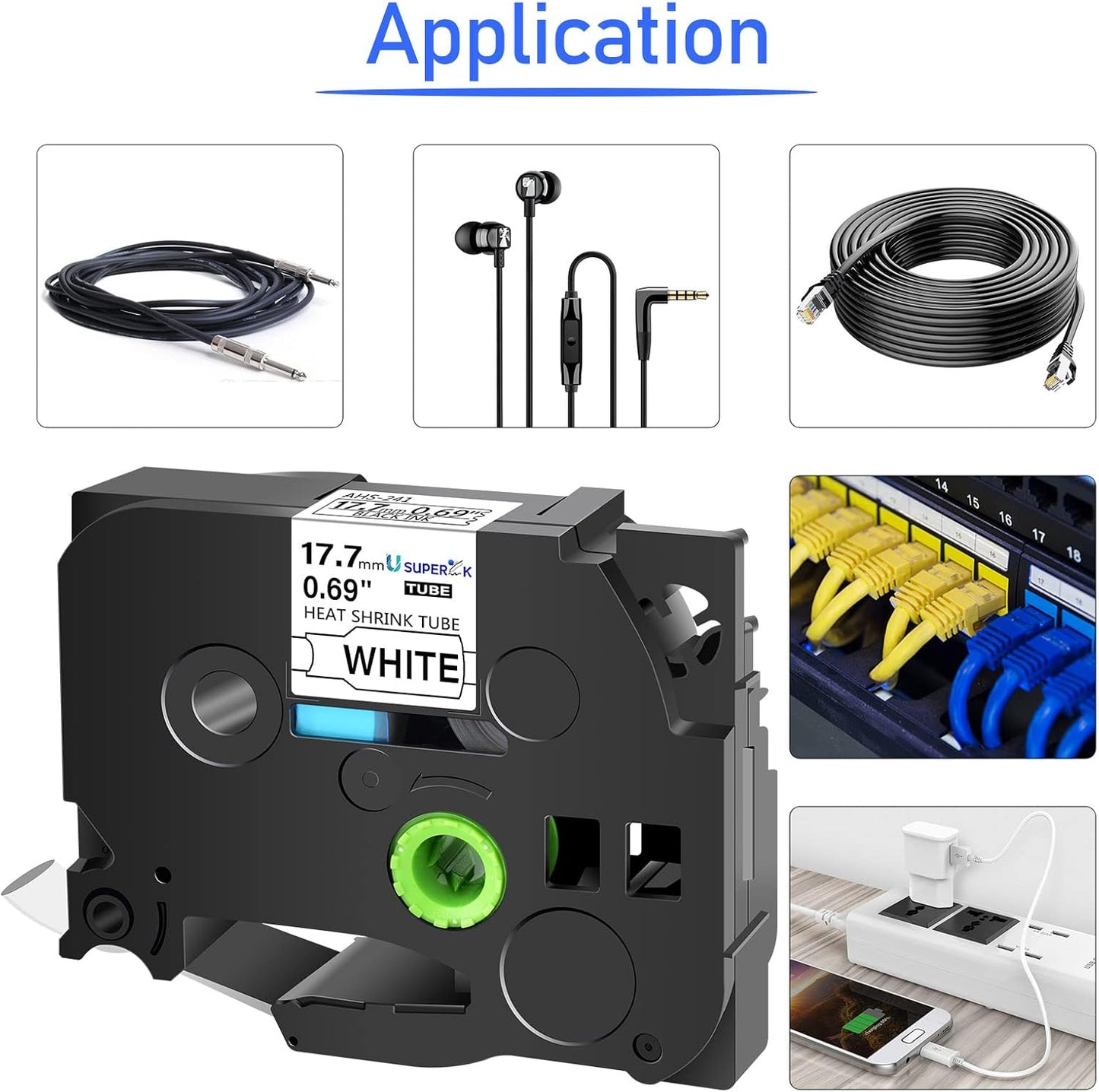 USUPERINK 5PK Compatible for Brother Ptouch HSe-241 HSe241 HS-241 HS241 Black on White 17.7mm 0.69'' Heat Shrink Tubing for Wire Cable for PT-D400 PT-E500 PT-P700 PT-P710BT PT-P750W Label Maker Tape