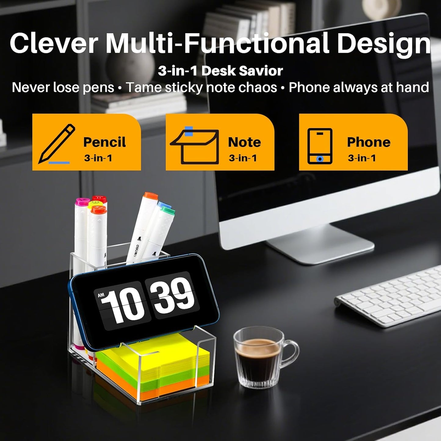 Sticky Note Holder, Crystal Clear Acrylic Pen and Sticky Note Dispenser for 3x3 Inches Note Pads, 3-in-1 Simple Phone Stand for Office Home School Dorm Room Desk Organizer(No Pads)