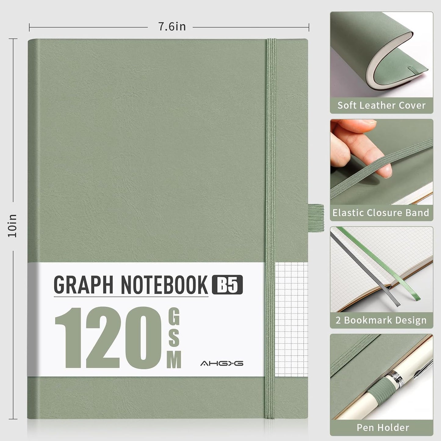 AHGXG Graph Paper Notebook - Grid Notebook Journal, 120 GSM Thick Graph Paper, Large B5 Notebook 96 Pages, Leather Softcover, for Graphing, Writing, Math, Engineering, 7.6'' X 10'' - Sage Green