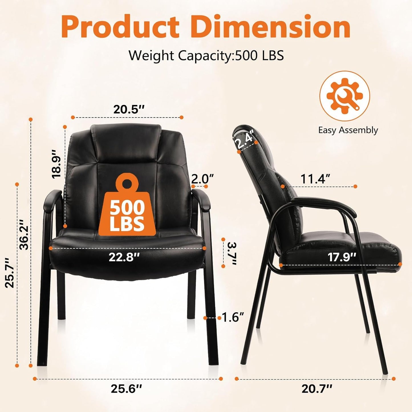 CLATINA Big & Tall 500 lb. Guest Chair, Leather Reception Chairs with Padded Arm Rest for Waiting Room Office Home and Meeting Conference-Black, 4 Pack