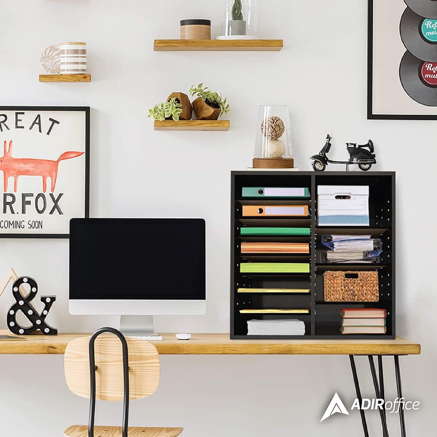 AdirOffice Wooden Adjustable organizerserature Organizer, 16 Compartment Office Mailbox, or Classroom Literature Organizer, Black