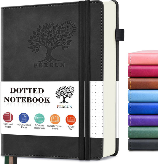 PERCUN Dotted Journal Notebook for Men & Women, 160 Pages Dot Grid notebook for Note Taking, Bullet Journaling Notebook for Work, School, Travel, Writing, A5 Hardcover 5.9" x 8.5"(Black)
