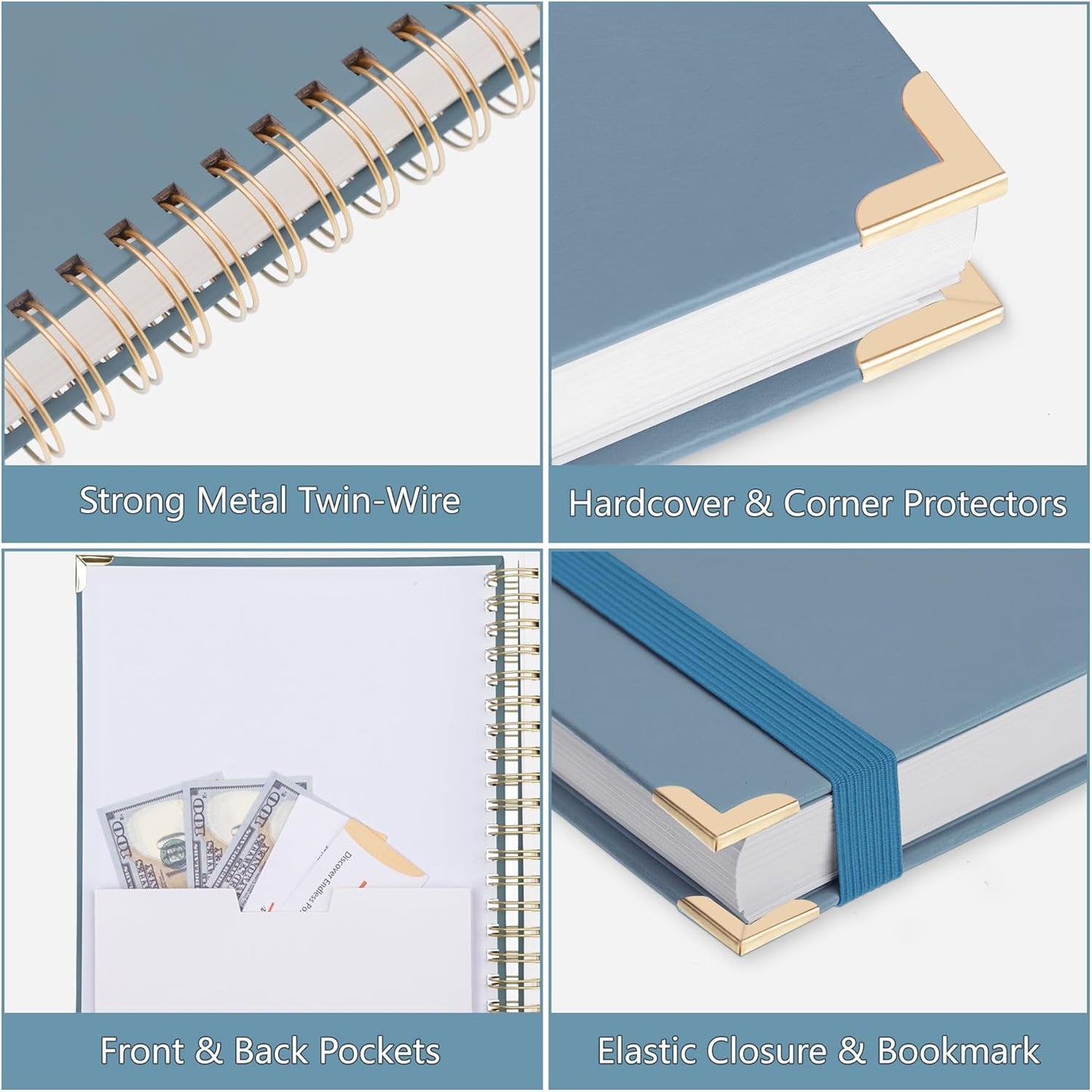 HAUTOCO Spiral Notebook College Ruled B5 Leather Bound Journal, 320 Pages, Hardcover Notebooks with tabs, 100 GSM Paper, 7"x 9.7" Lined Journaling Notebooks for Work Office School Business, Airy Blue