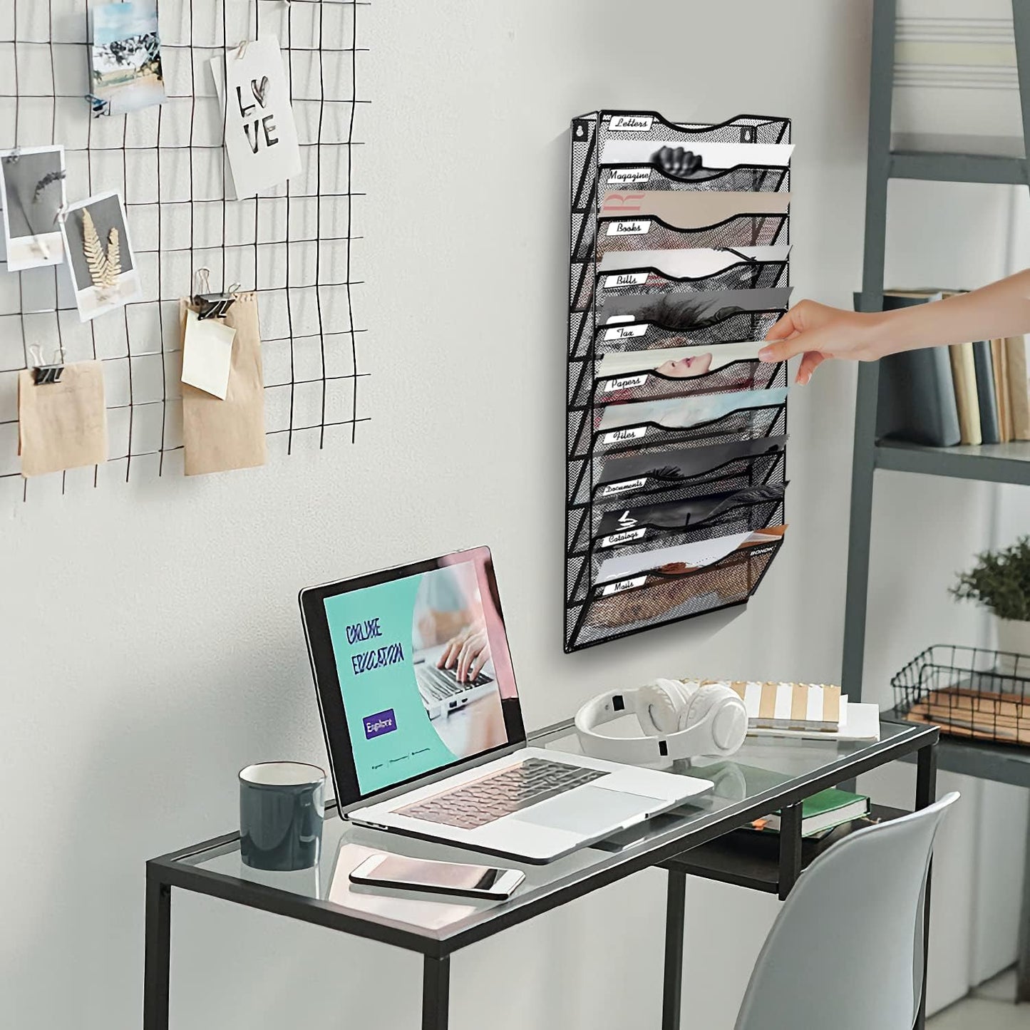 Wall File Organizer, 10 Tire Hanging File Folder Mail Organizer, Vertical Mesh Metal Door/Wall Mount Hanging File Holder, Paper Document Magazine Rack with Hooks for Home Office Black