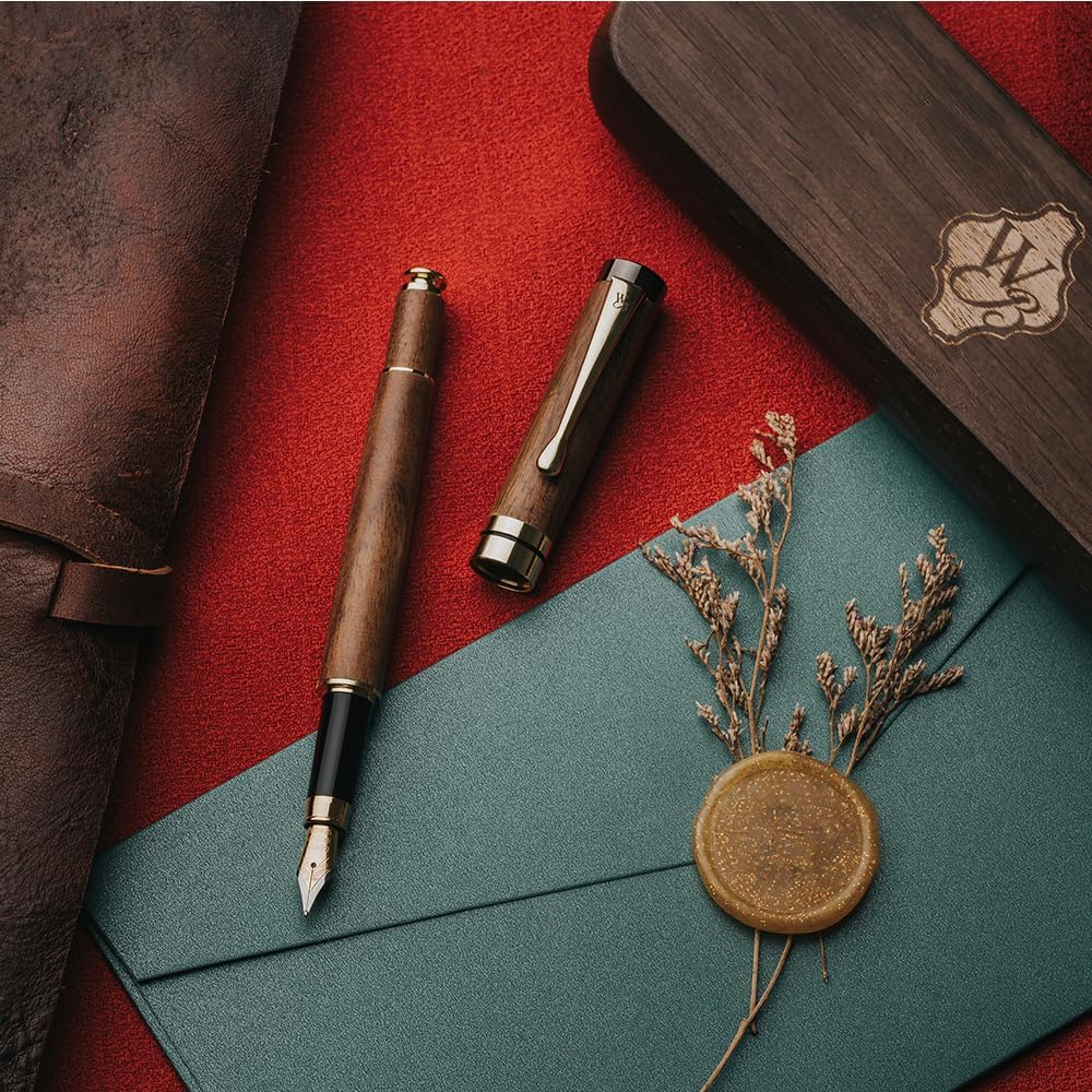 Wordsworth & Black Fountain Pen Set, Luxury Bamboo Wood - Extra Fine Nib, Gift Case; Includes 6 Ink Cartridges, Ink Refill Converter -Journaling, Calligraphy; Drawing, Smooth Writing [Brown Wood]