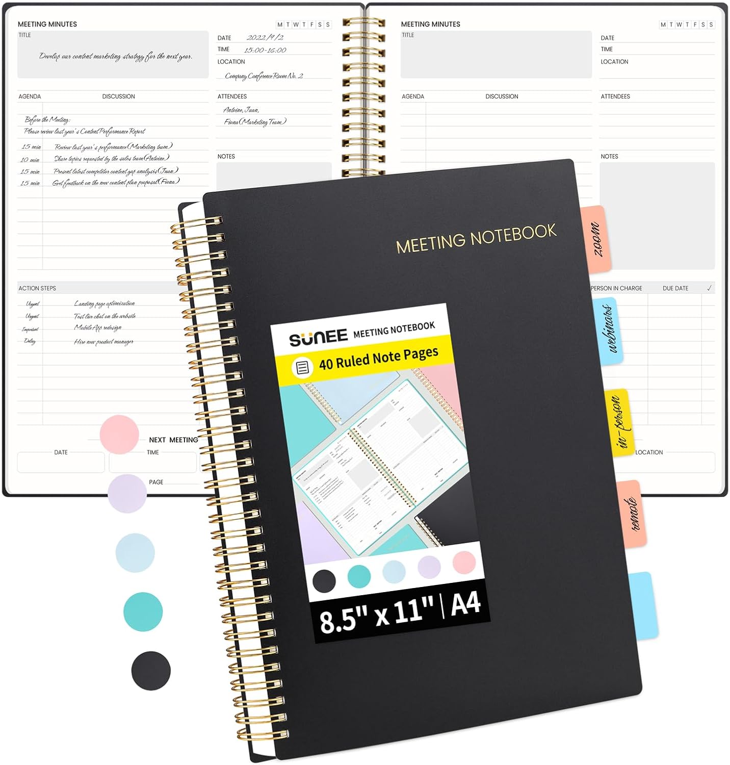 SUNEE Meeting Notebook for Work with Sticky Tabs - 160 Pages, A4 Size Project Planner, Spiral Meeting Agenda/Minutes Notebook Organizer for Women Men, Note Taking, Office & Business, 8.5"x11", Black