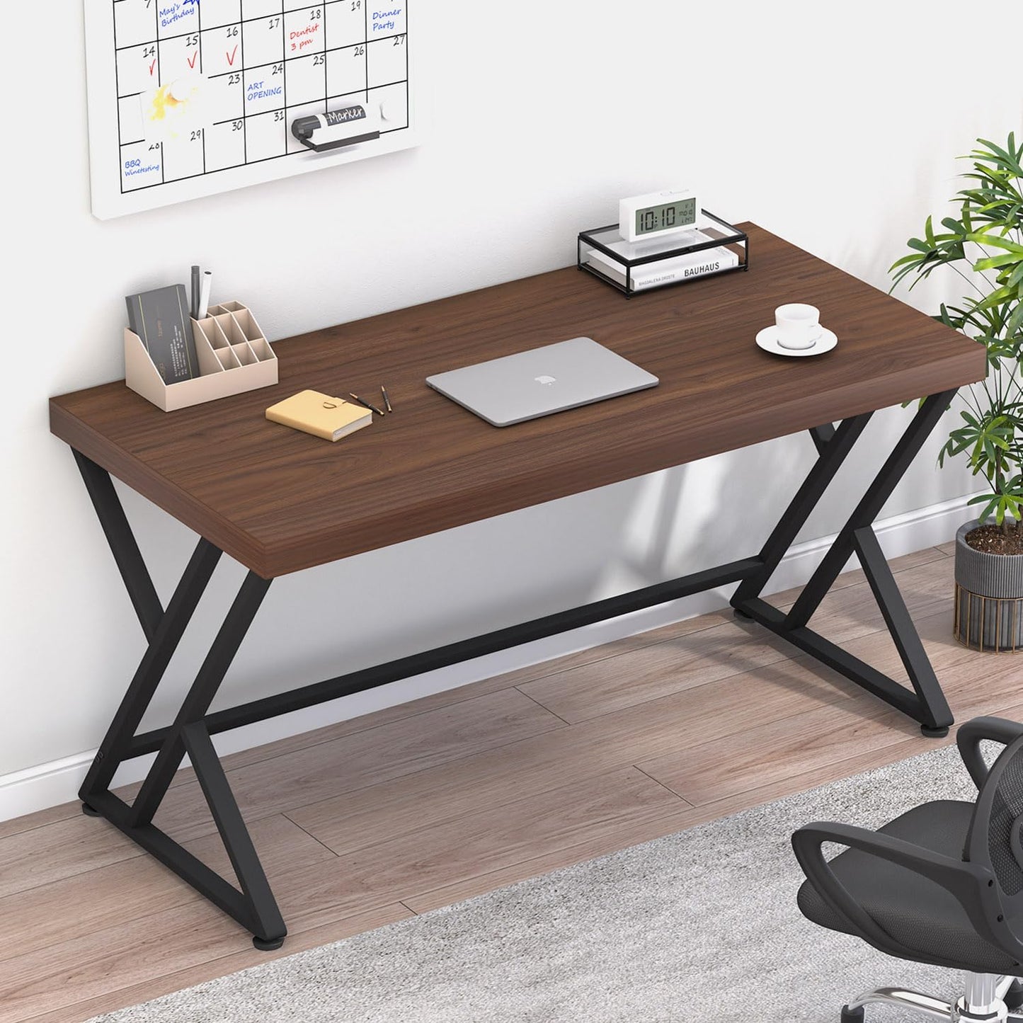 LVB Wood Computer Desk, Rustic Executive Home Office Desk for Bedroom, Industrial Metal Wooden Computer Table for Study Writing Work, Modern PC Student Simple Gaming Desk with Storage, 55 Inch, Walnut