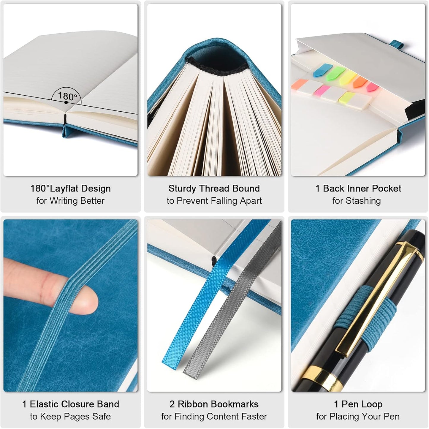 Lined Journal Notebook, Large A5 College Ruled Notebook, 312 Numbered Pages Work Notebook with Index Stickers, 100gsm Thick Paper, Hardcover Vegan Leather Journal for Women Men School Office, Blue