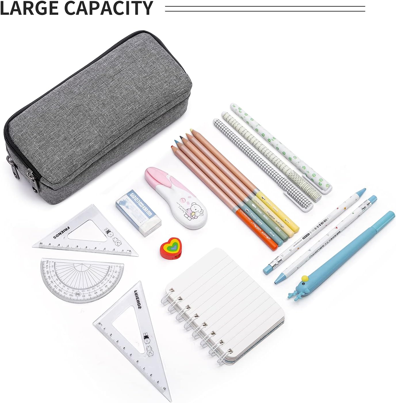 Big Capacity Pencil Pen Case Nylon Large Pencil Pouch Simple Stationery Bag Office Organizer Pen Bag for Men Women - Grey