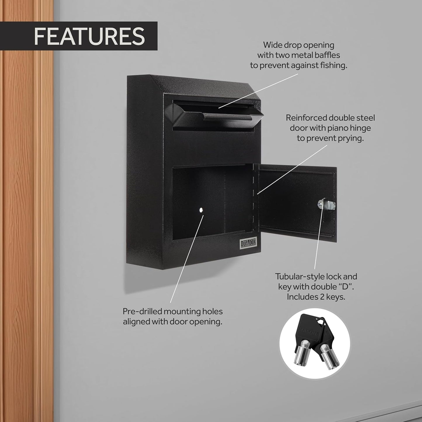 Drop Box Deposit Safe 12 x 4 x 15” Heavy Duty Steel Wall Mount Mailbox for Mail, Letters, Checks, Keys, Cash and more for Home, Office & Commercial Use (W500) (Black)