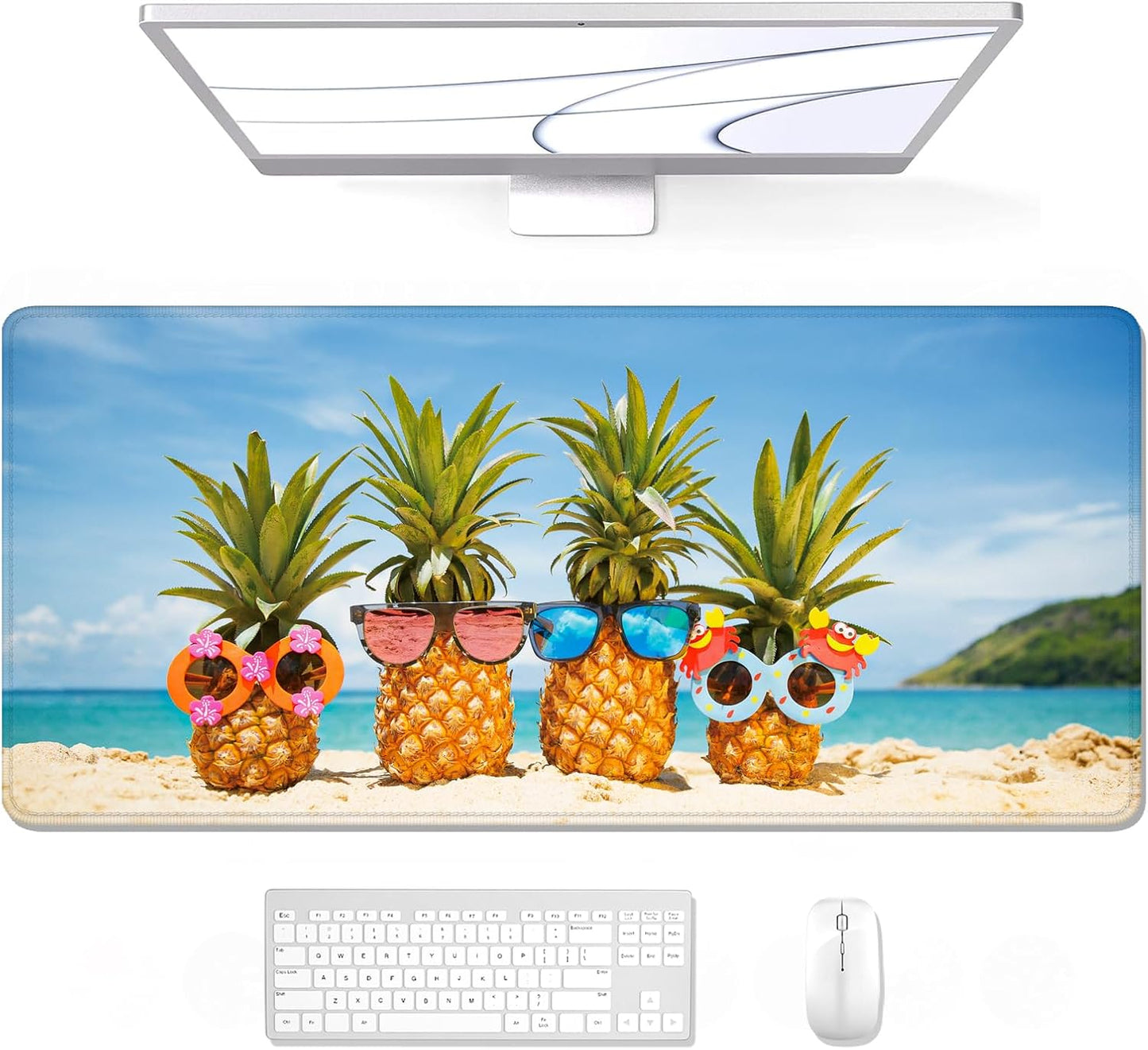 Auhoahsil Large Gaming Mouse Pad, Beach Theme XXL 35.4 x 15.7 in Desk Pad Stitched Non-Slip Rubber Long Computer Mousepad Thin Extended Full Size Desk Mat for Desktop, Laptop, Wireless Mice, Blue