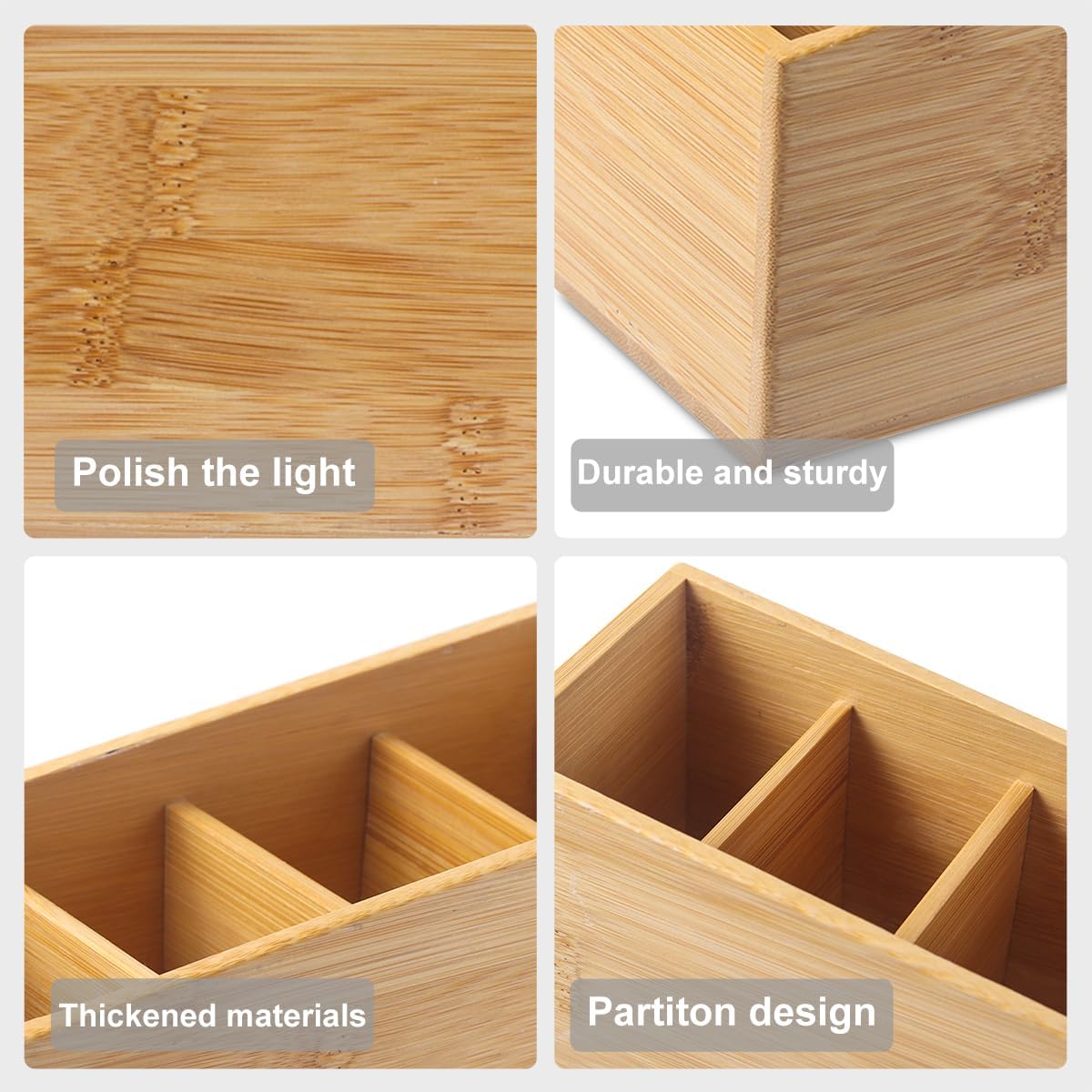 Bamboo Wood Pens Pencils Holder Cup for Desk Remote Control Holder, Caddy,Organizer,Desktop Storage with 4 Compartments,Multiuse for Store TV Remotes,Game Console,Phones,Office Supplies (4 Grid)