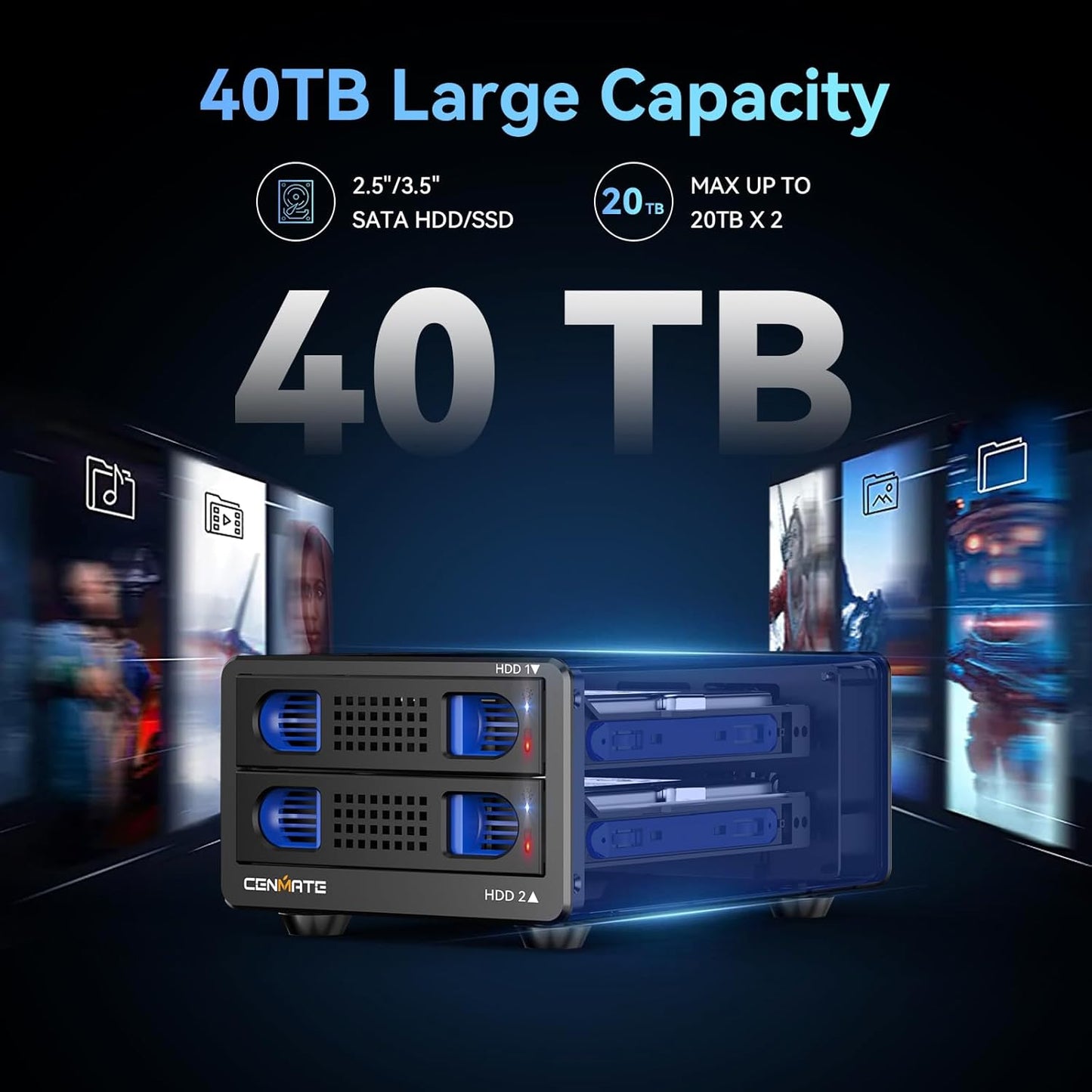 Aluminum Dual Bay Hard Drive Enclosure with Cooling Fan for 2.5“/3.5" SATA HDD/SSD with USB A/C 3.0, Support Hot Swappable, Daisy Chain Expansion, Tool-Free HDD Enclosure, DAS(NO RAID/NAS)